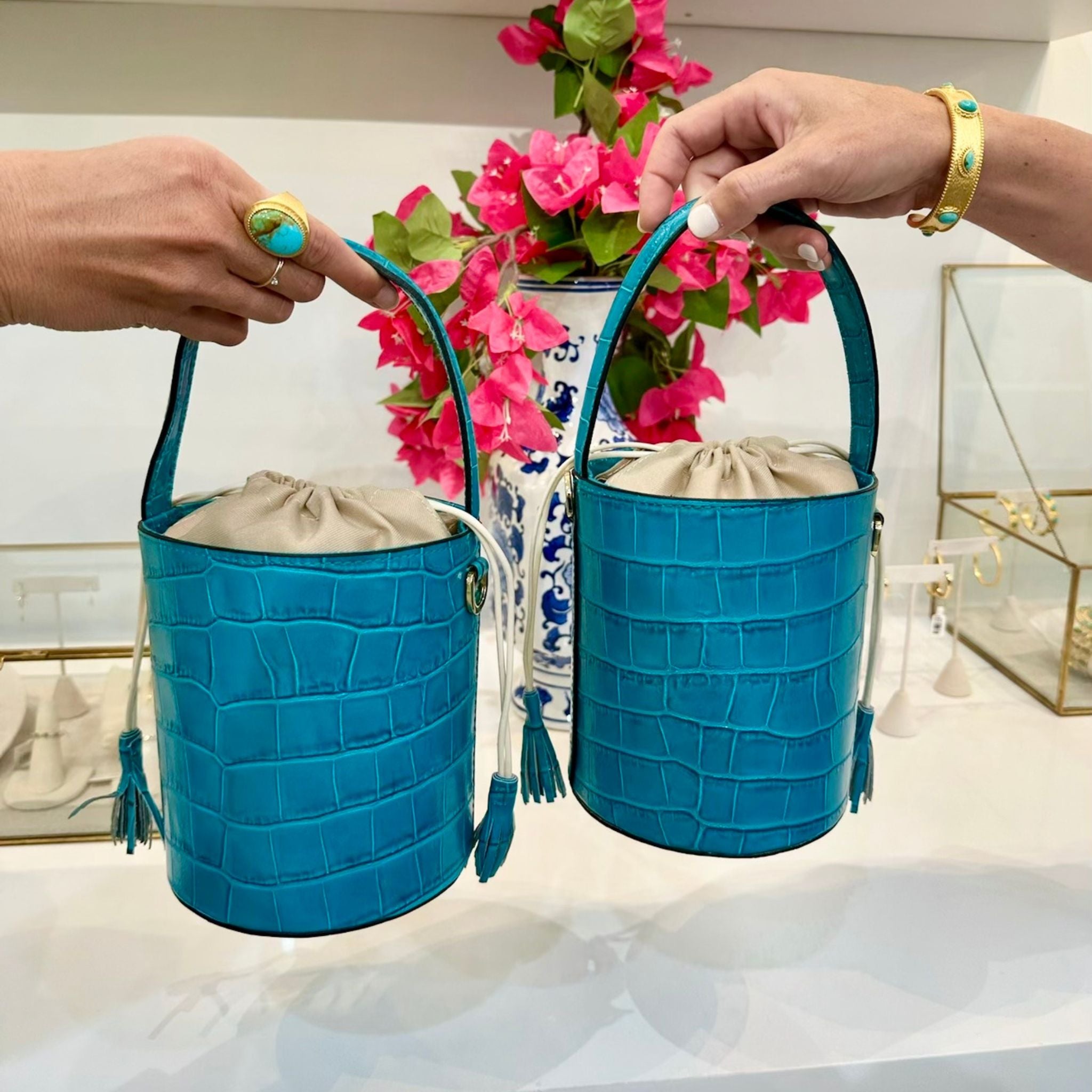 Colores Collective x Christina Greene Turquoise Crocodile Embossed Leather Bucket Handbag for Women | Fashionable Shoulder Bag for Casual Outings, Beach Trips & Date Nights
