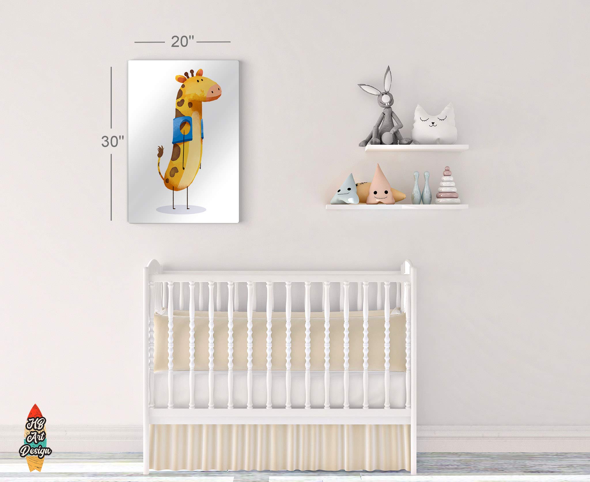 Handmade Giraffe Metal Wall Art for Nursery - White Background Animal Painting - 30x20 Inches Ready to Hang Decor for Baby Girl & Boy Rooms - USA Made - Perfect for Kids Bedroom, Playroom & Gender Neutral Nursery Decor