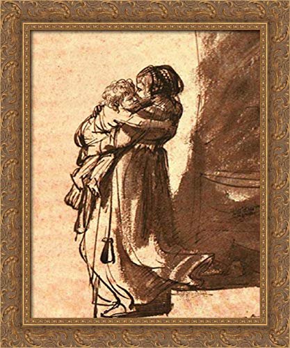Rembrandt 20x24 Gold Ornate Wood Framed Canvas Art - Mother Carrying Child Downstairs Painting, Classic Home Decor for Living Room, Bedroom & Nursery Wall Art