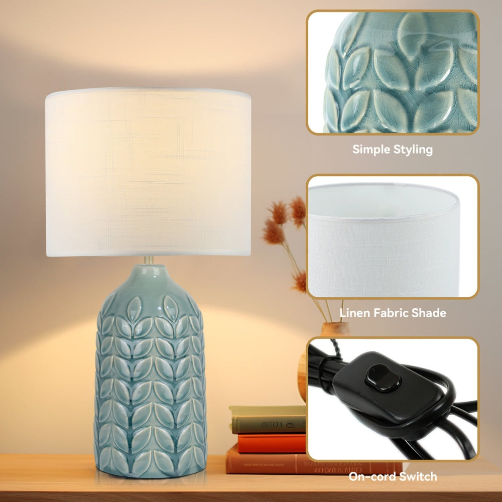Benya Modern Ceramic Table Lamp with Blue Patterned Drum Shade - Elegant Home & Office Lighting for Bedroom, Living Room, Study