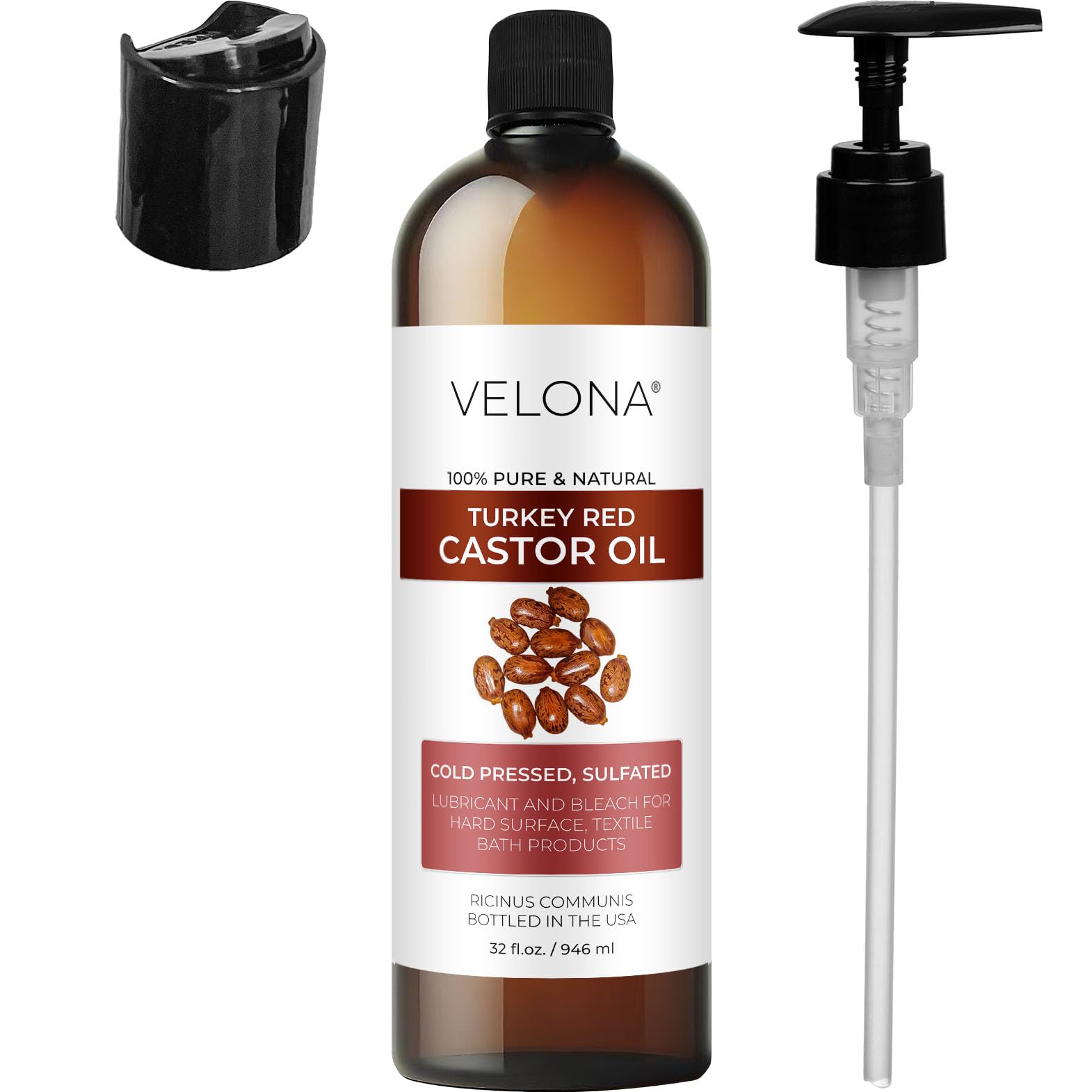 Velona Castor Oil Turkey Red 32 fl oz | 100% Pure Natural Cold Pressed Carrier Oil for Hair Growth, Skin & Body Care | Promotes Thicker Eyelashes & Eyebrows | Perfect for DIY Beauty Recipes & Massage Therapy