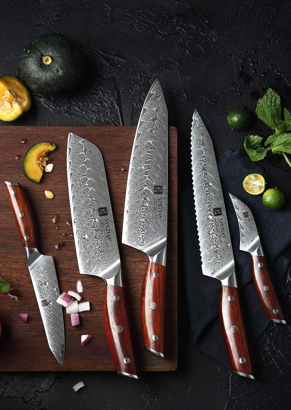 XINZUO 5-Piece Damascus Steel Knife Set - Professional Ultra Sharp Kitchen Knives with Natural Rosewood Handles - Perfect Chef Gift Box for Home Cooking & Professional Kitchens