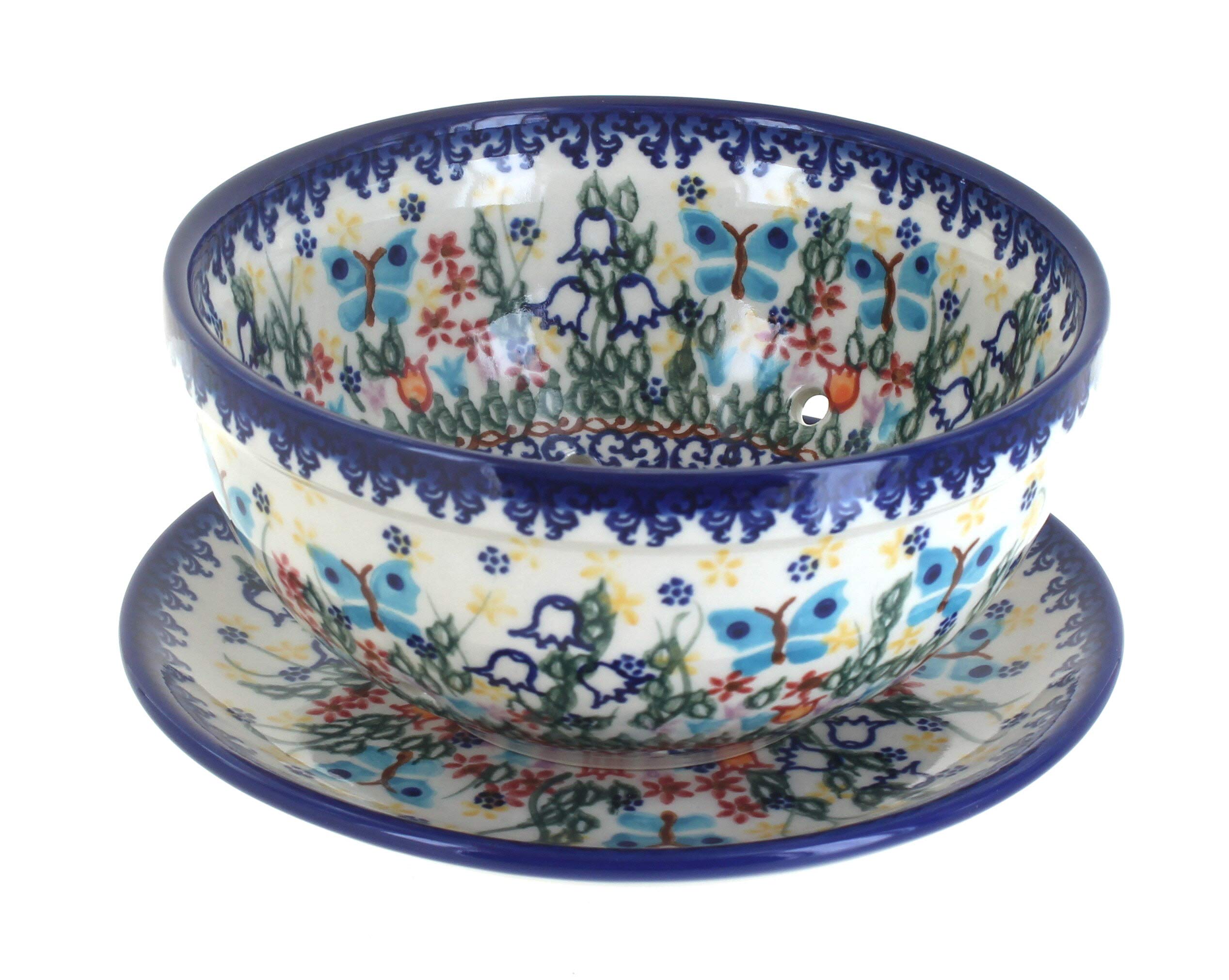 Handmade Blue Rose Polish Pottery Berry Bowl with Saucer - Garden of Eden Design - Elegant Fruit Serving Dish for Parties, Desserts & Home Decor
