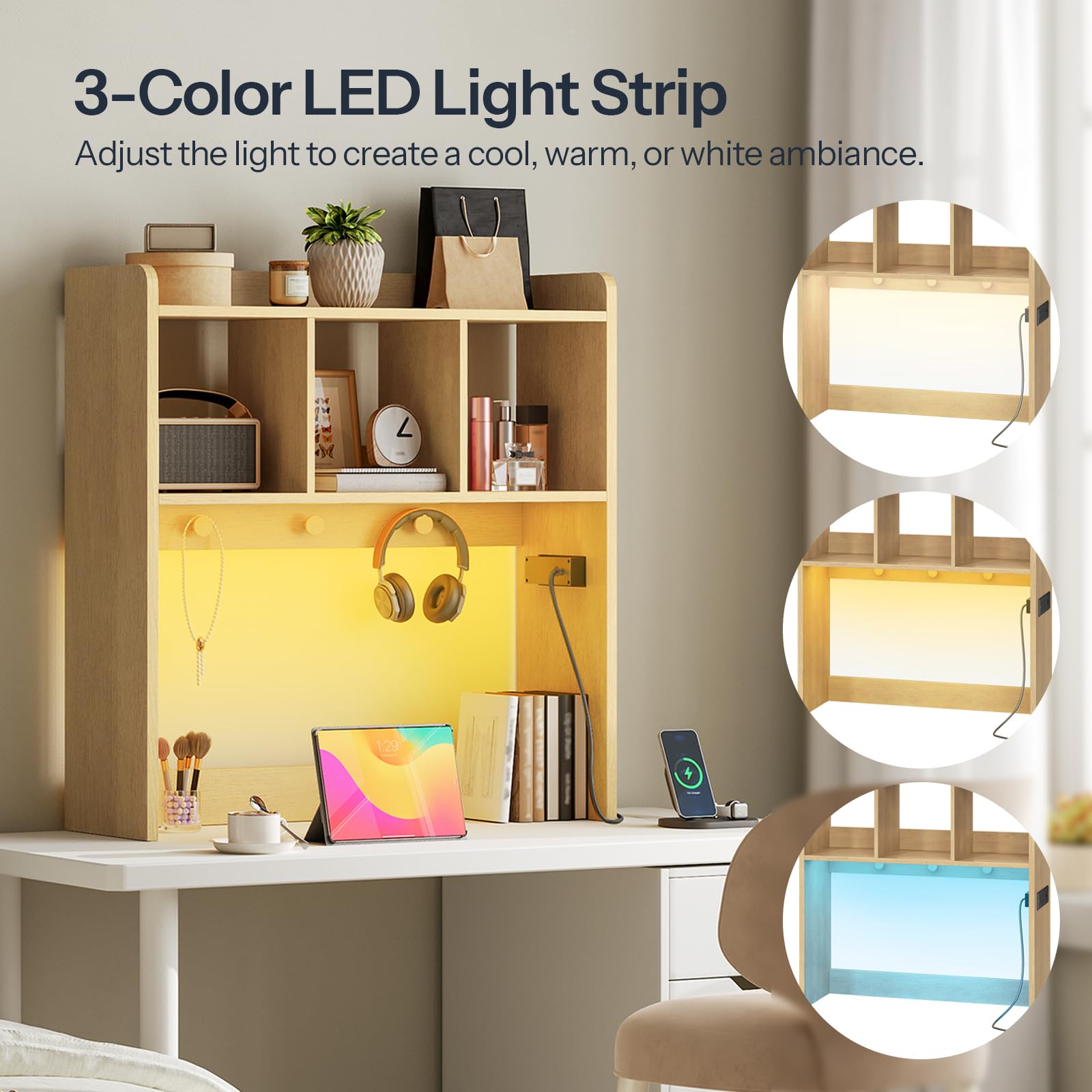 HOOBRO Wooden Desktop Bookshelf with LED Light Strip & 3 Hooks - Office Desk Organizer with Built-in Outlets - Perfect for Home Office, Study Room & Workspace Organization (Natural NL12UDSJ01)