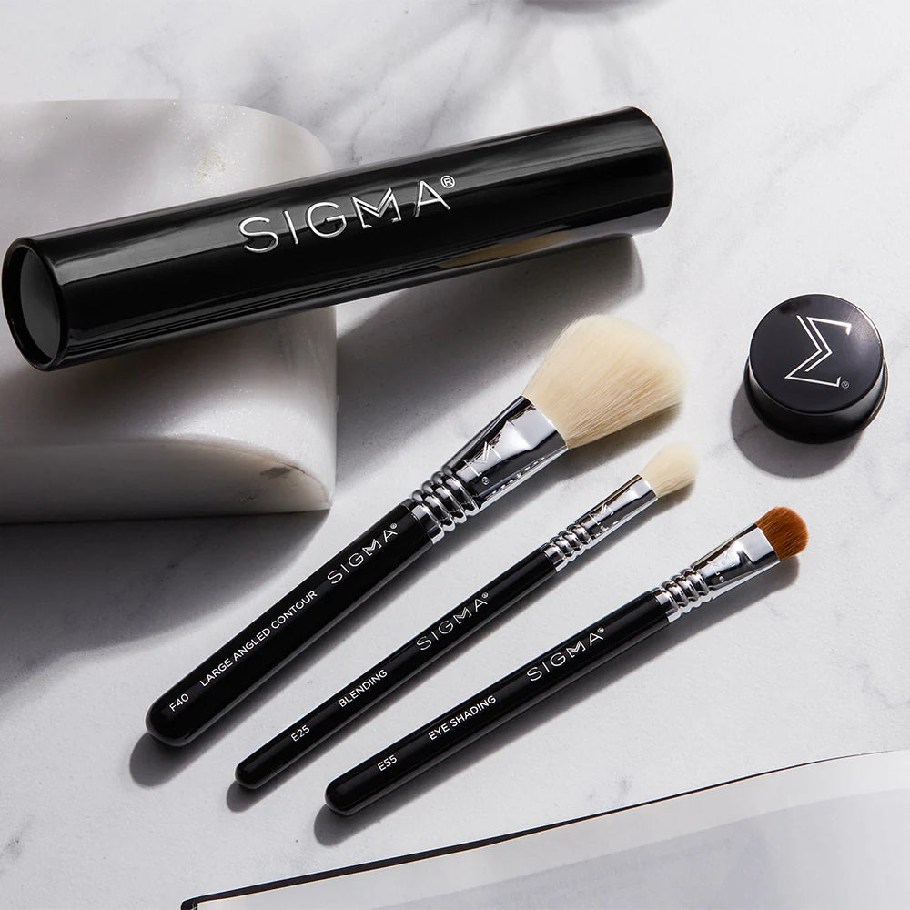 Sigma Beauty Essential Trio Brush Set - Professional Makeup Brush Kit for Foundation, Blending & Detailing | Perfect for Everyday Makeup & Travel