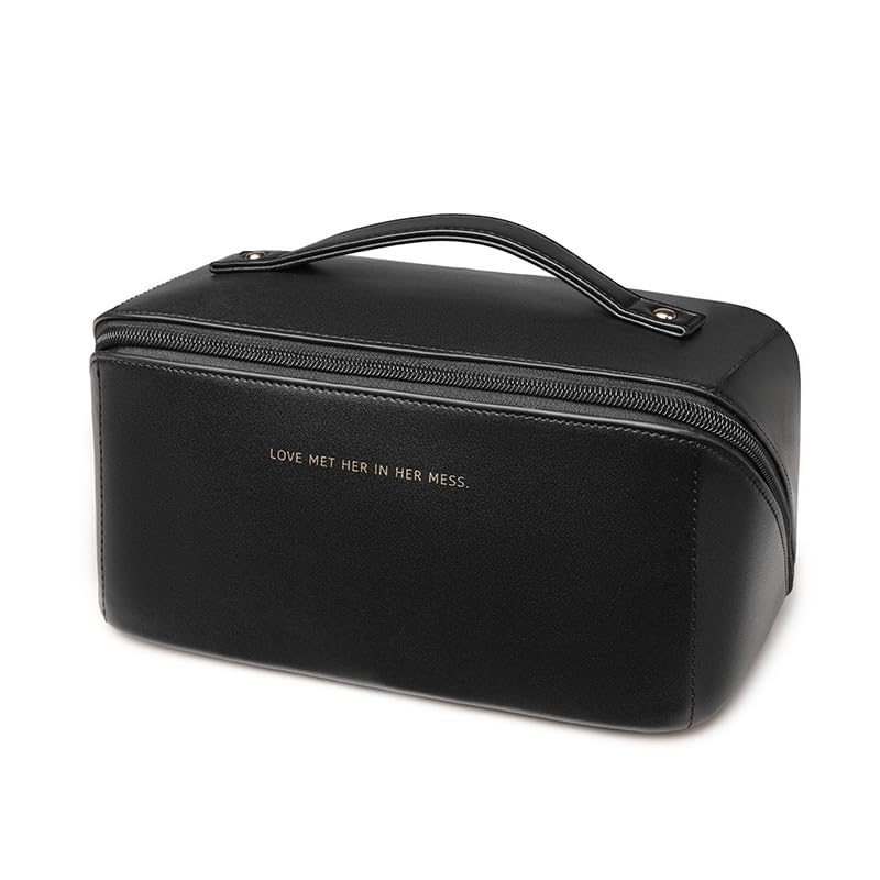 Waterproof PU Leather Travel Makeup Bag for Women - Large Capacity Cosmetic Organizer with Dividers & Handle, Wide Open Flat Toiletry Case | Perfect for Air Travel, Gym, Vacation & Daily Use