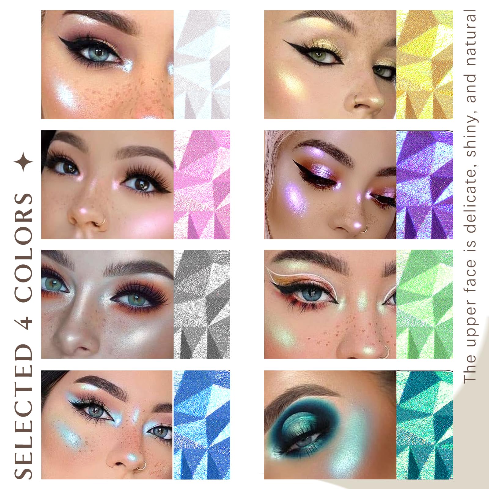 8-Color Face Highlighter Makeup Palette with Diamond Glitter - Intense Chameleon Eyeshadow & Rainbow Shimmer - Metallic Contour Bronzer for Cheeks, Nose & Body - Perfect for Party, Festival & Night Out Makeup