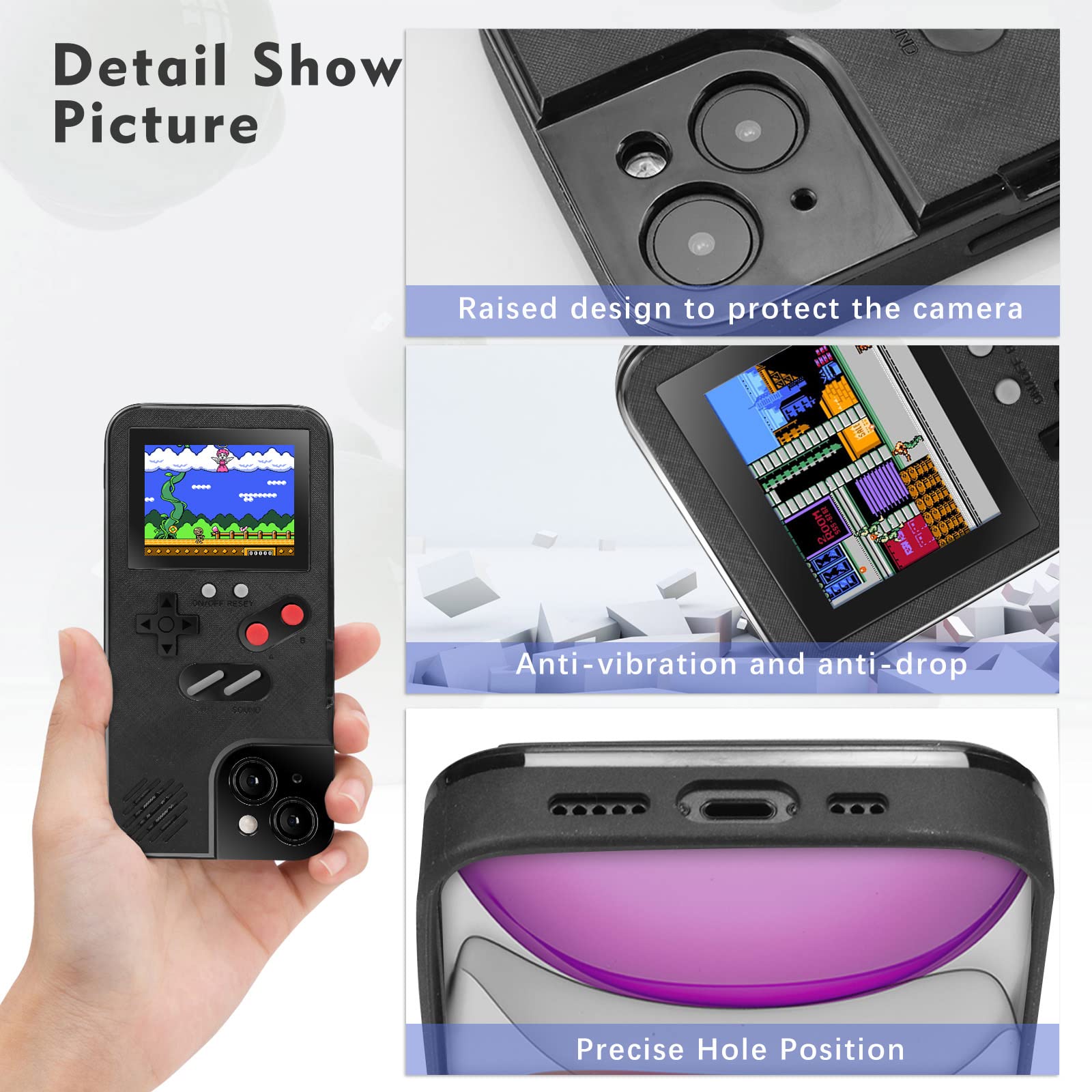 Retro Self-Powered Color Screen Gameboy Protection Case with 36 Mini Games for iPhone SE/6/6S/7/8 - Black | Perfect for Gaming Enthusiasts & Nostalgic Play
