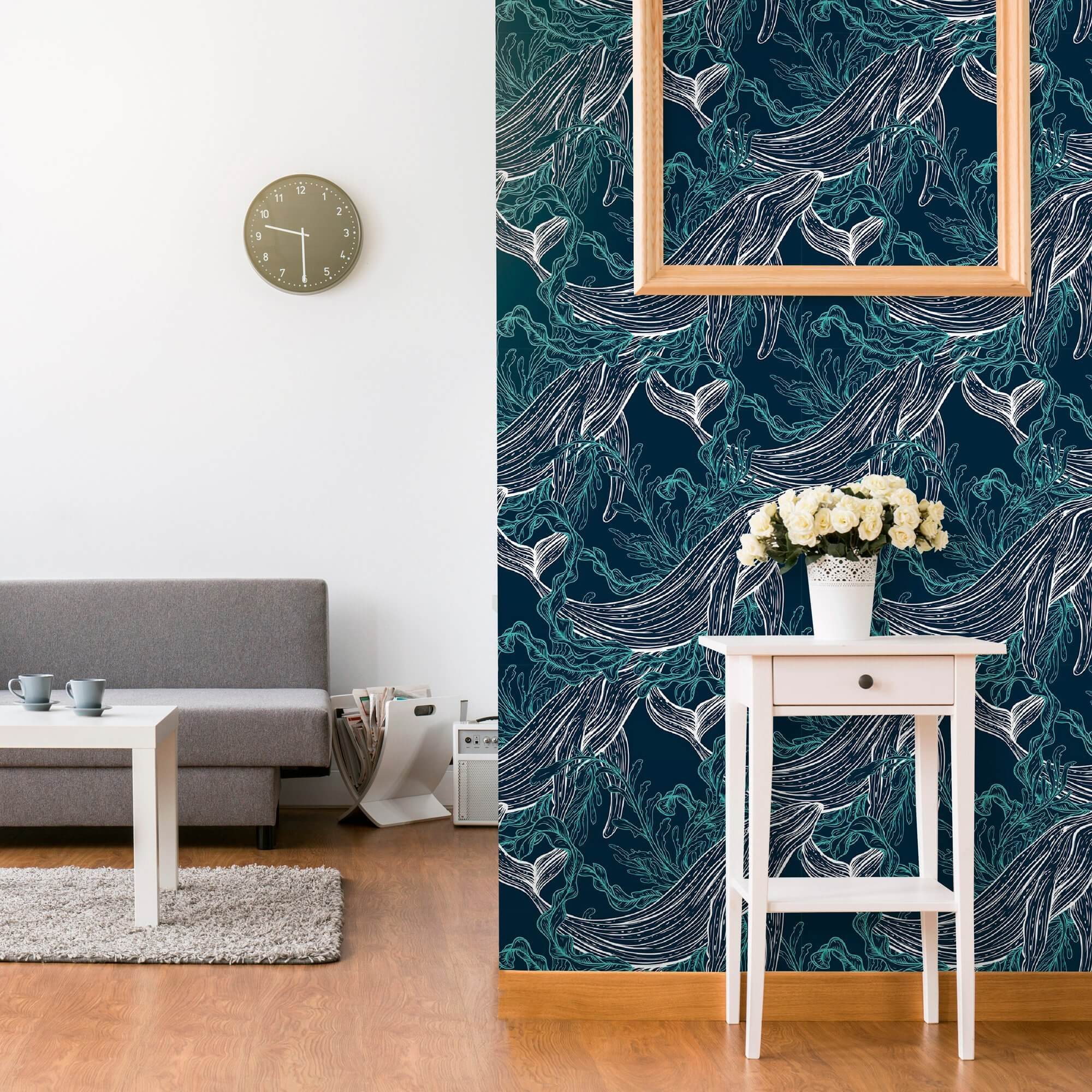 Blue and White Fish Nautical Peel and Stick Removable Wallpaper - Self-Adhesive Decorative Wall Covering for Bathroom, Nursery, Kitchen & Bedroom - Waterproof DIY Home Decor (Style 9958)