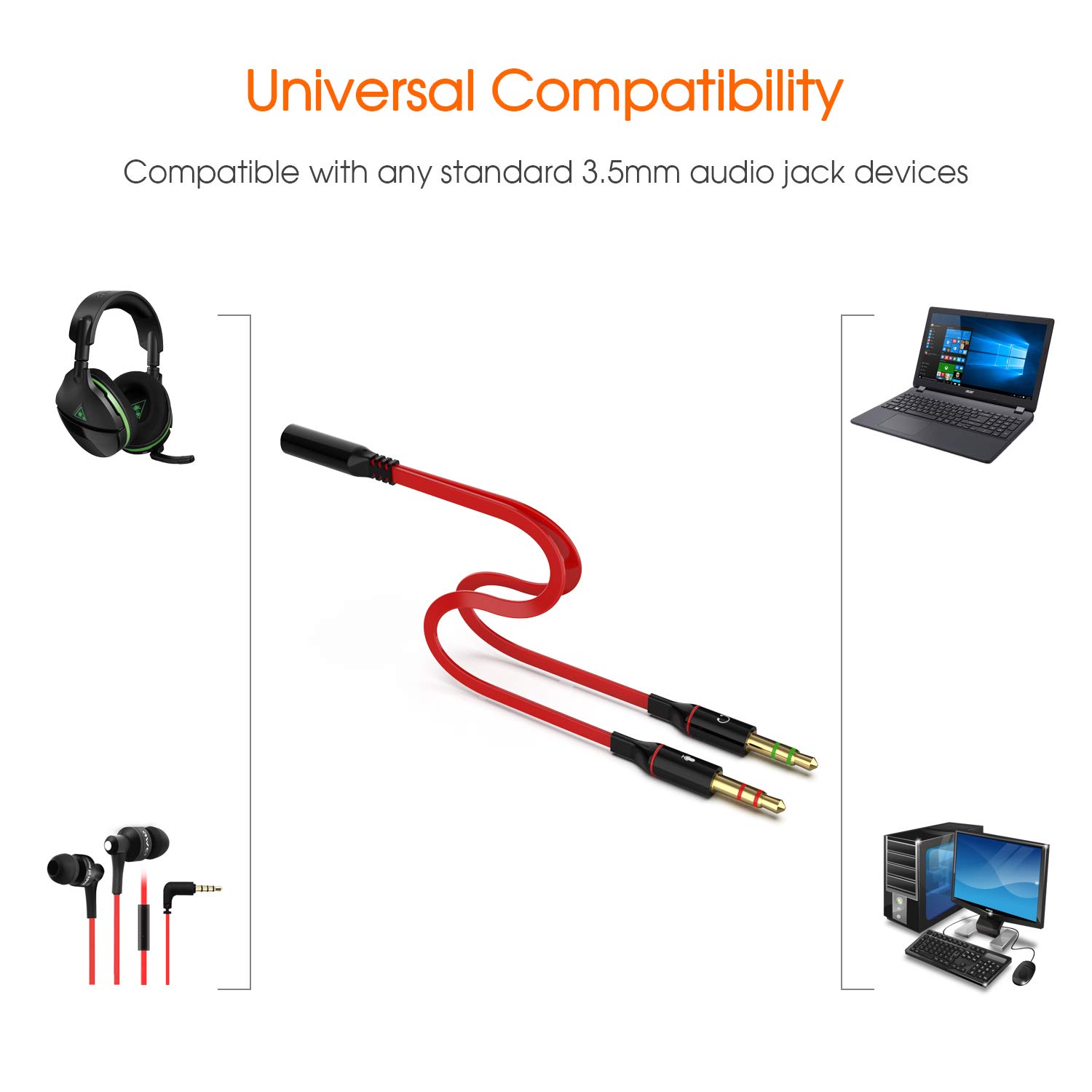 Maeline 3.5mm Headphone Splitter Adapter - Dual Male to Female Mic Audio Cable for PC, Gaming Headset, Laptop, Speaker - Perfect for Online Gaming, Conference Calls & Music Sharing (Red)