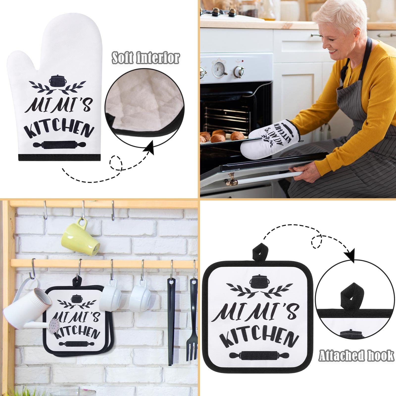 5-Piece Mimi Style Kitchen Gift Set - 2 Microfiber Dish Towels, 2 Oven Pads & 1 Oven Mitt - Perfect for Christmas, Housewarming, Birthdays & Parties - Ideal for Cooking, Baking & Kitchen Decor