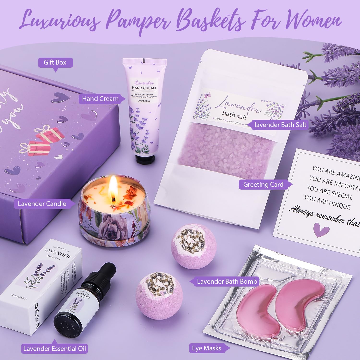 Lavender Spa Gift Set for Women - Relaxing Birthday, Anniversary & Valentine's Day Present for Wife, Mom, Sister or Friend - Self Care Package with Aromatherapy Essentials for Stress Relief & Home Relaxation