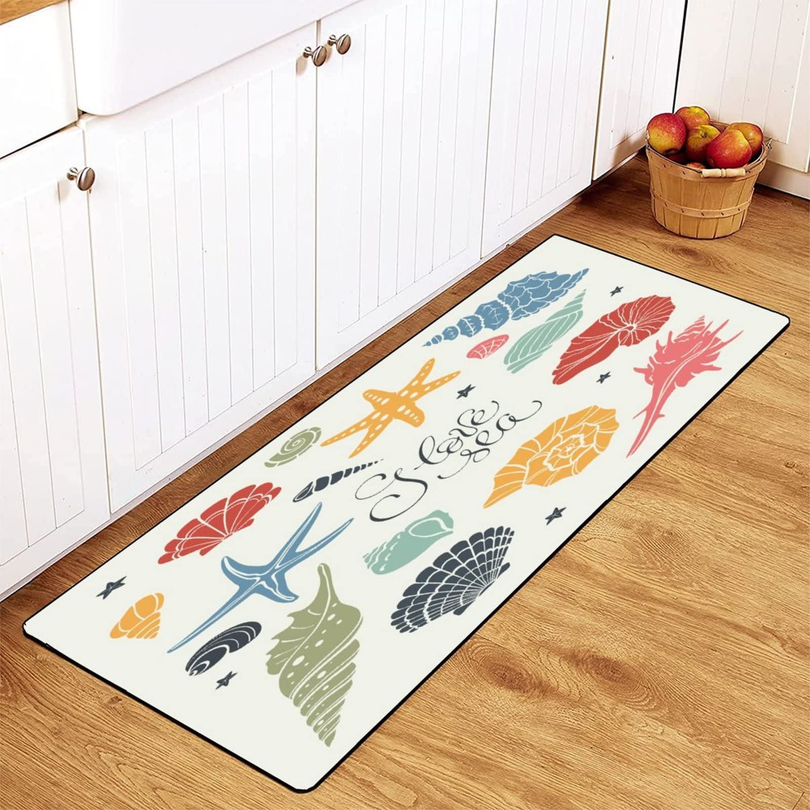 Non-Slip Washable Kitchen Rug with Blue Yellow Starfish & Colorful Shells Design - 39x20 Inch Anti-Fatigue Floor Mat for Kitchen, Laundry Room, Bathroom Decor - Perfect for Beach House, Coastal Home & Summer Vibes