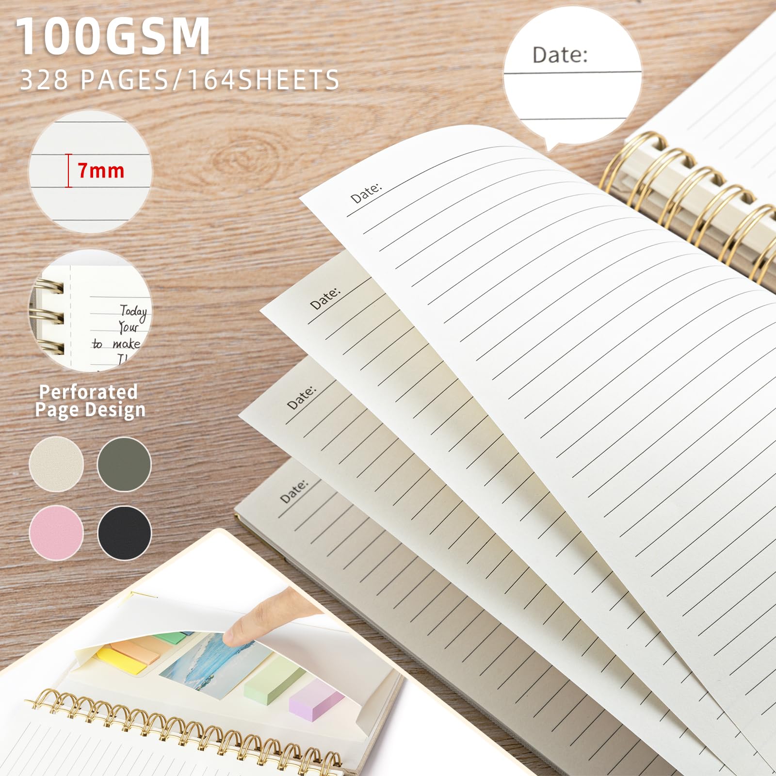 Premium Spiral Notebook Journal - 328 Pages Linen Hardcover College Ruled Notebook with 100GSM Thick Paper, A5 Lined Writing Journal for Women & Men | Perfect for Work, School, Note Taking & Creative Writing