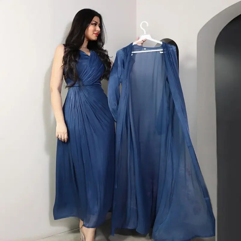 2 Piece Set Bright Satin Open Abaya Dress with Inner Sleeveless Dress - Muslim Prayer Dress, Eid Outfit, Ramadan Fashion, Modest Evening Wear for Women