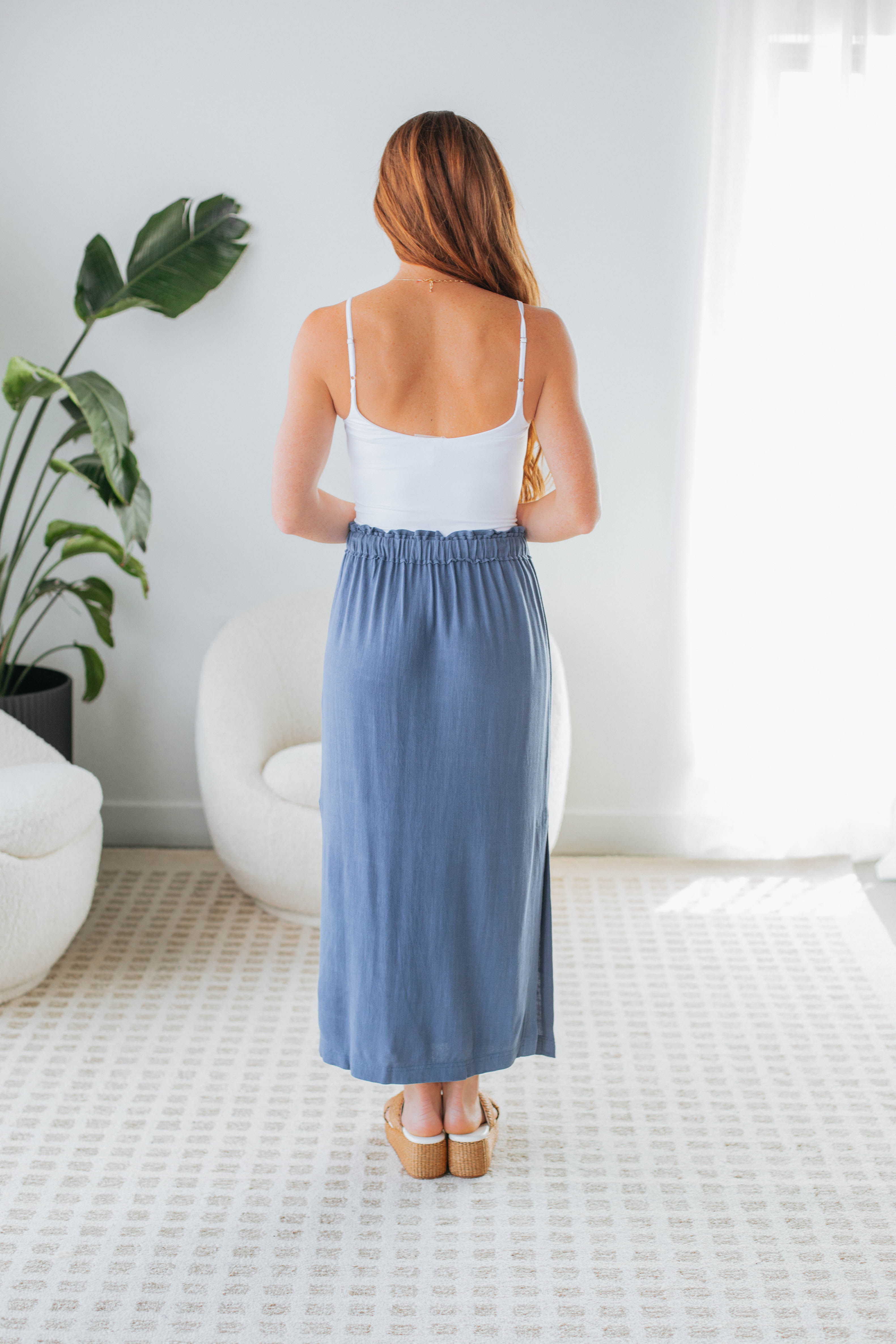 Emeline Midi Skirt for Women - Steel Blue Flowy A-Line Skirt with Pockets | Perfect for Office, Date Night & Summer Outfits