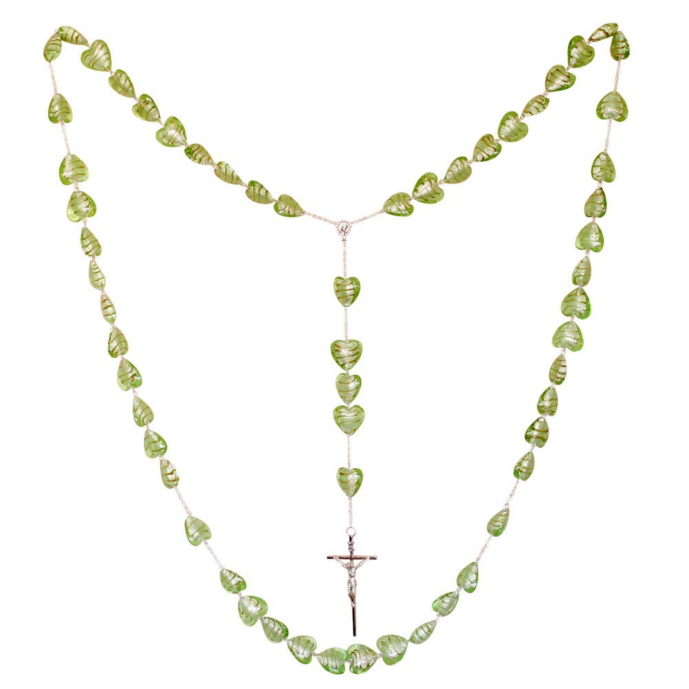 Green Large Heart-Shaped Venetian Glass Beads Rosary Wall Art - Perfect for Home Decor, Catholic Gifts & Spiritual Spaces