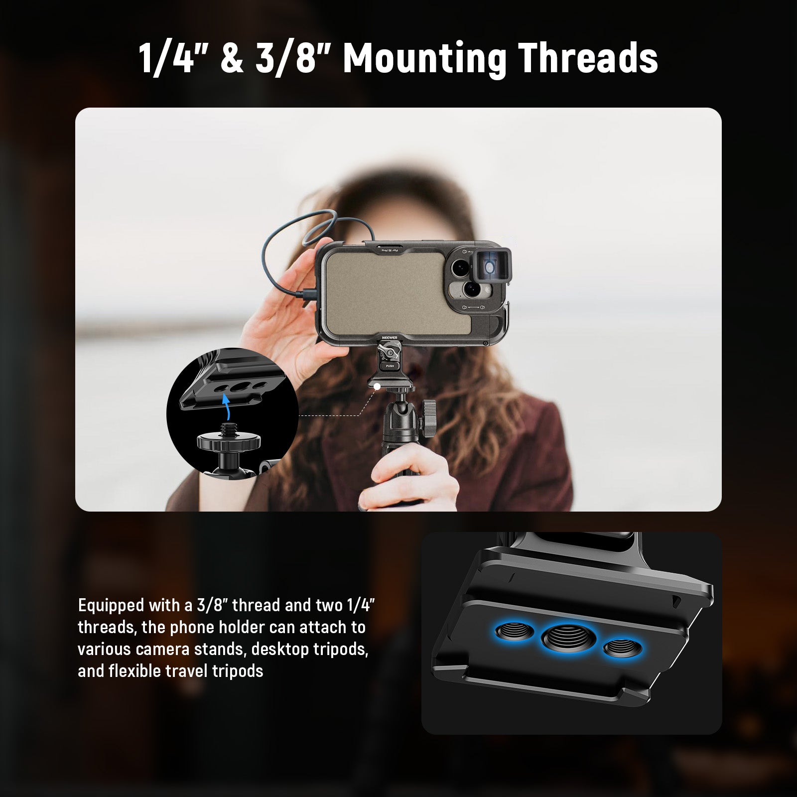 NEEWER PA063 Universal Phone Tripod Mount Holder for iPhone 15 Pro/15 Pro Max & Samsung Galaxy S24 Ultra - Adjustable Phone Cage for Photography, Vlogging, Live Streaming & Video Recording