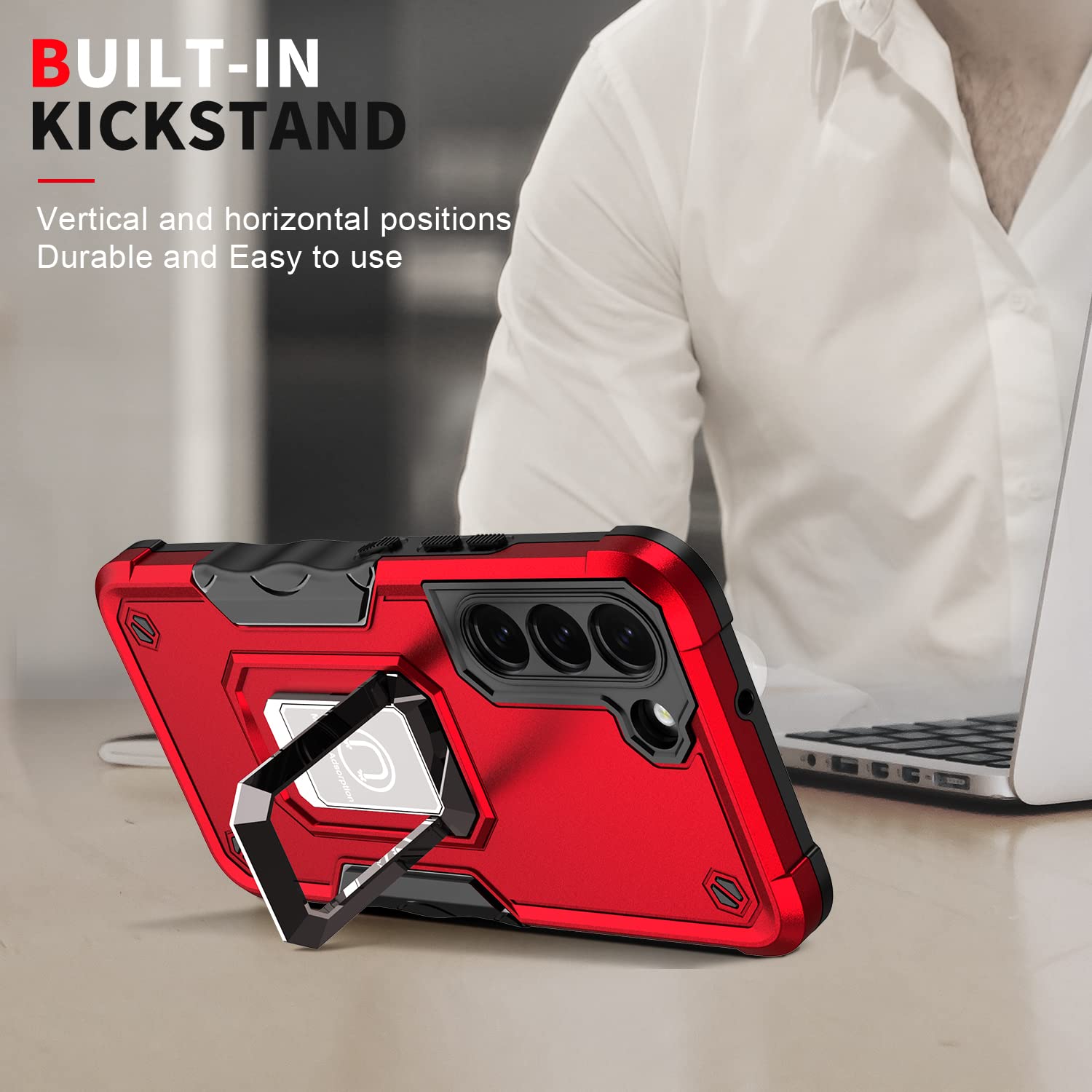 Shockproof Phone Case for Samsung Galaxy S22+ 5G with Ring Stand - RS6 Red - Perfect for Work & Travel