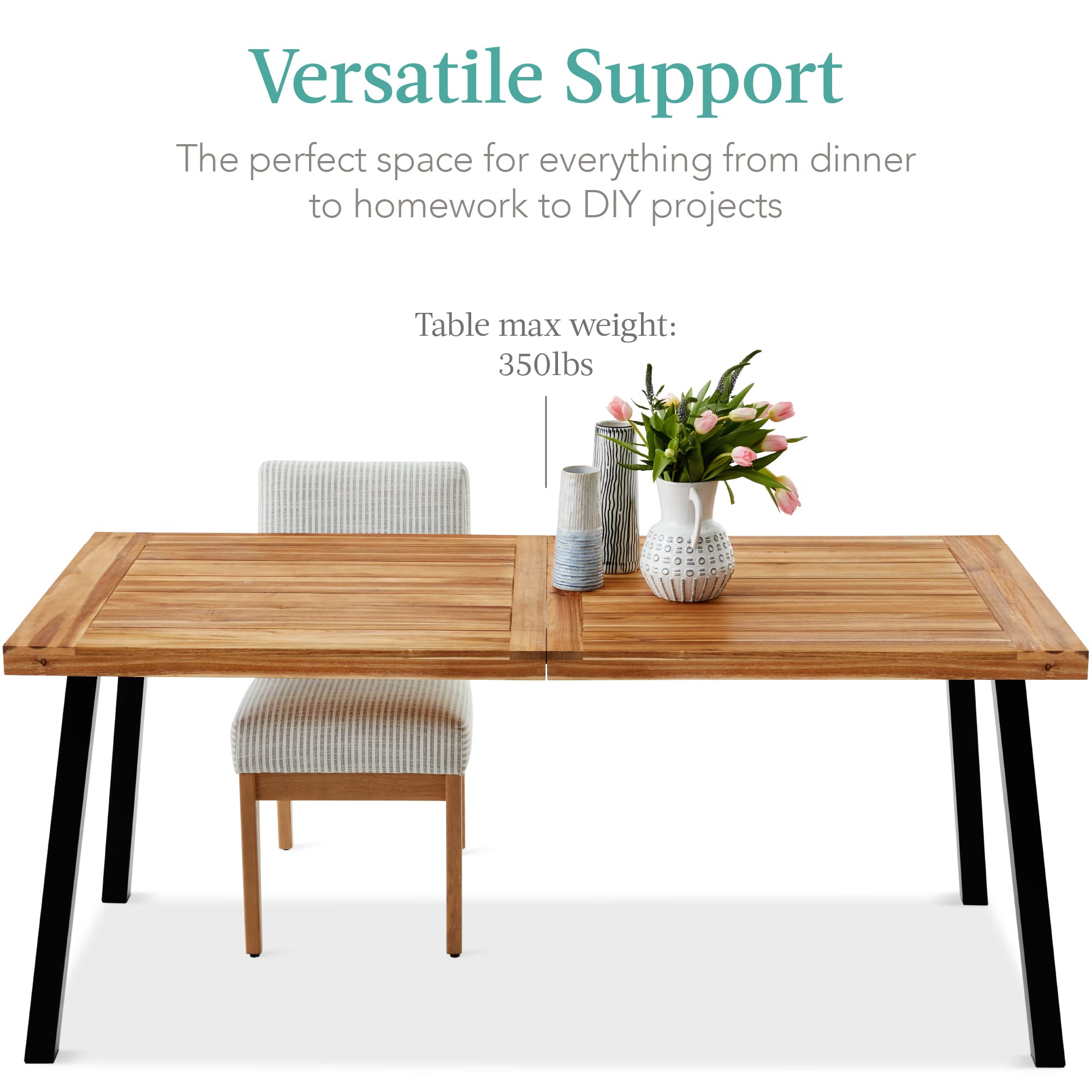 Best Choice Products 6-Person Acacia Wood Dining Table for Indoor & Outdoor Use - Powder-Coated Steel Frame, 350 lb Capacity - Perfect for Patio, Garden, Backyard & Picnic Gatherings
