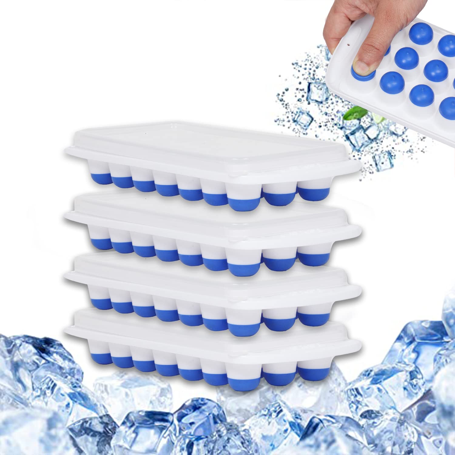 Aashu Silicone Ice Cube Tray with Lid - 21 Cube Stackable, Durable & Dishwasher Safe - Easy Push Ice Molds for Freezer (Blue & Red, Pack of 2) - Perfect for Cocktails, Smoothies & Cold Drinks