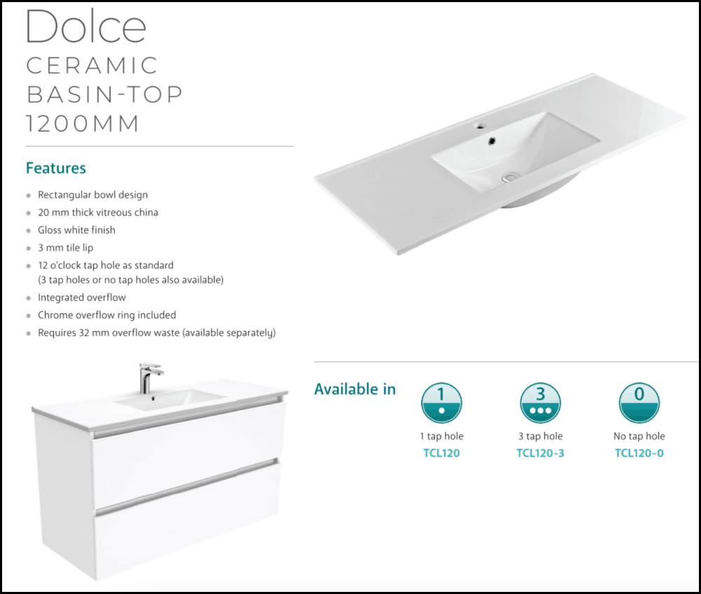 Fienza Dolce TCL120NKW 1200mm White Bathroom Vanity with Kicker - Modern Sink Cabinet for Small Space & Powder Room Makeover