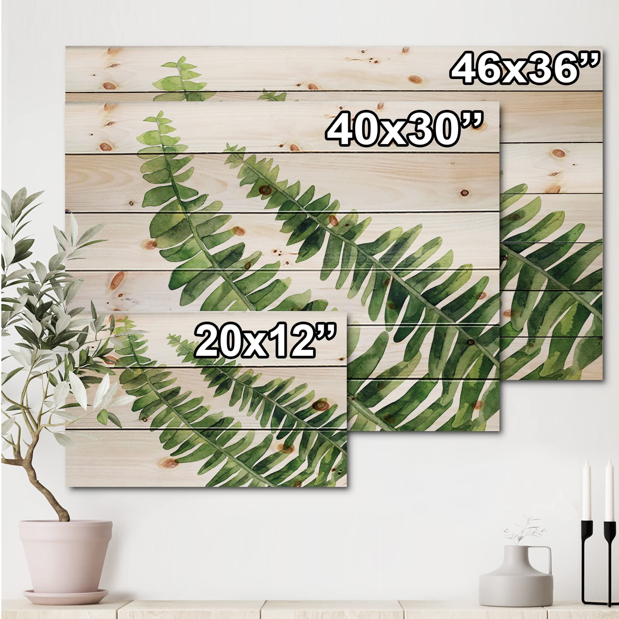 Farmhouse Wood Wall Decor - Fern Leaves Design on Natural Pine Wood, Large Floral Wall Art Panel for Living Room, Bedroom & Home Office (Green Wood Wall Art)