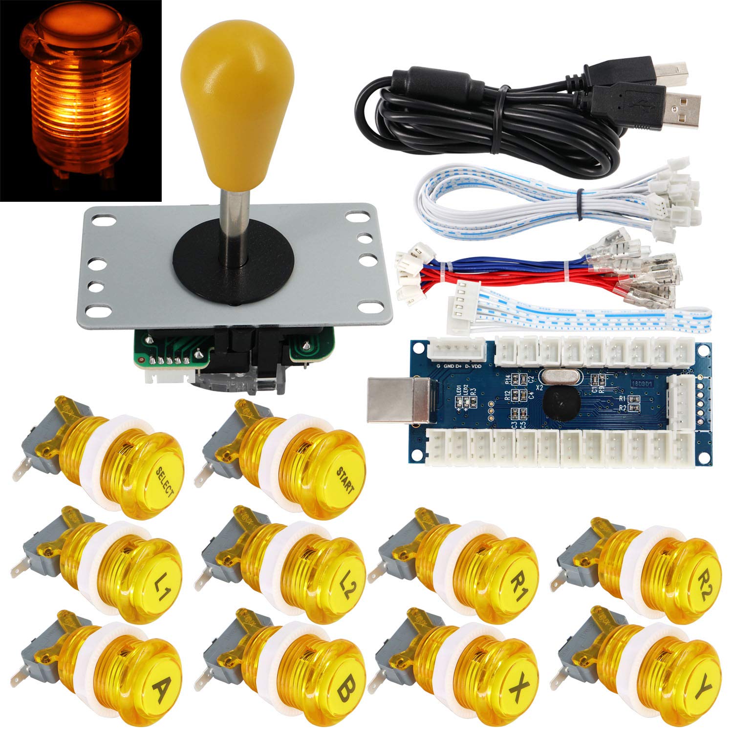 SJ@JX DIY Arcade Game Stick Kit with LED Buttons, 8-Way Joystick & USB Encoder - Compatible with PC, MAME, Raspberry Pi (Yellow) - Perfect for Retro Gaming & Home Arcade Setup