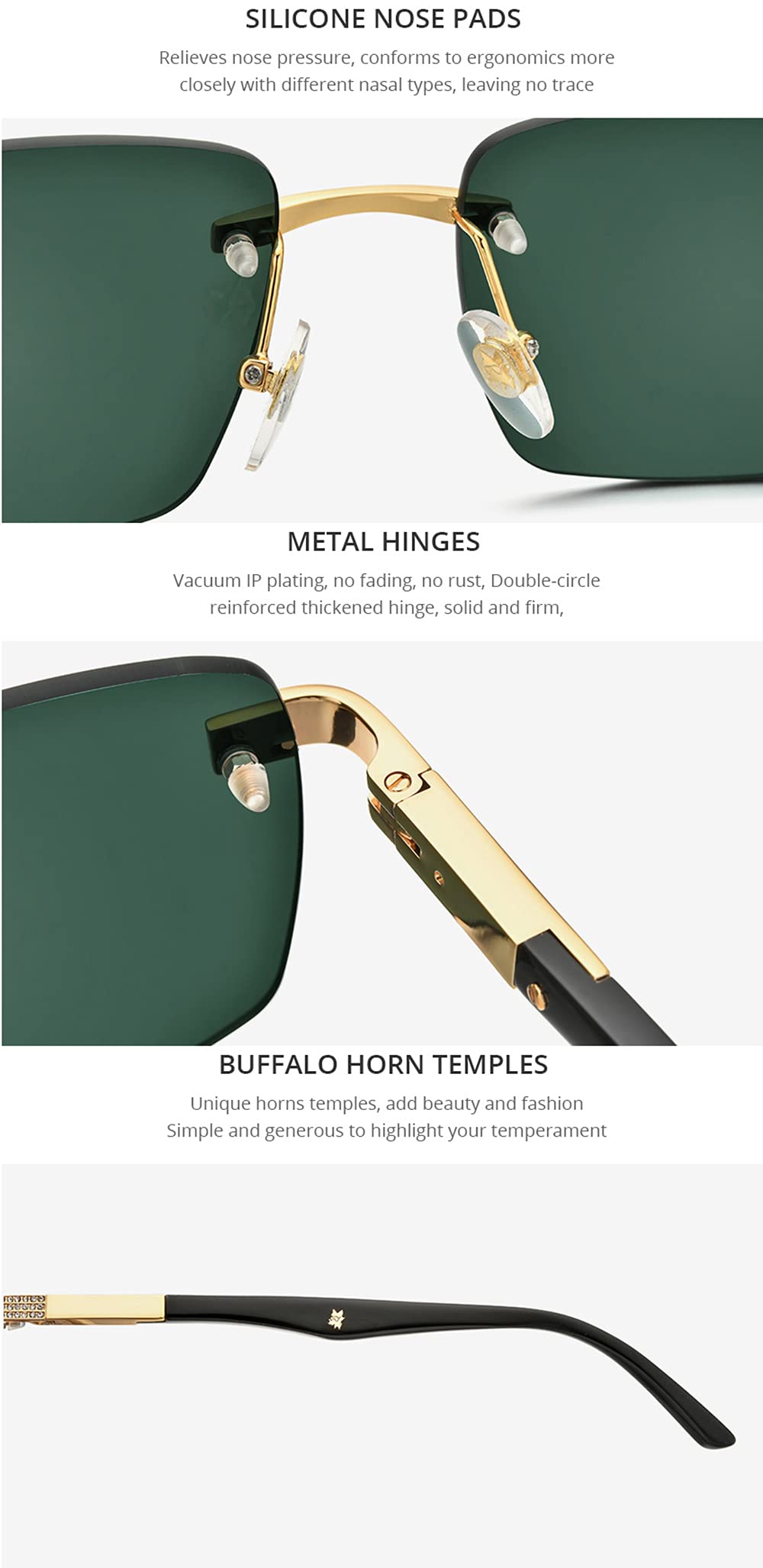 100% Real Buffalo Horn Handmade Square Rimless Sunglasses for Women - Luxury Diamond-Studded Fashion Sunglasses | Perfect for Beach, Driving & Outdoor Activities