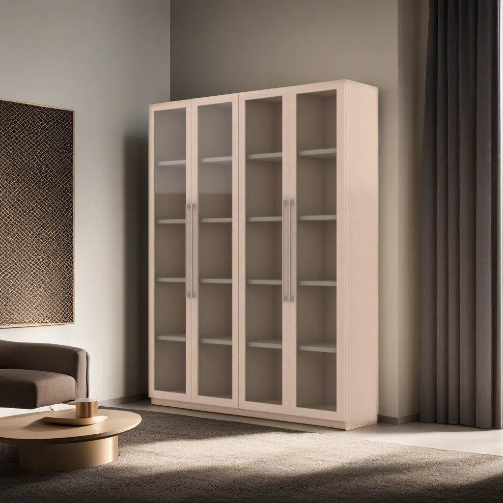 Moselle 4-Door Display Bookshelf - Modern Wooden Bookcase with Glass Doors for Living Room, Office & Library Storage