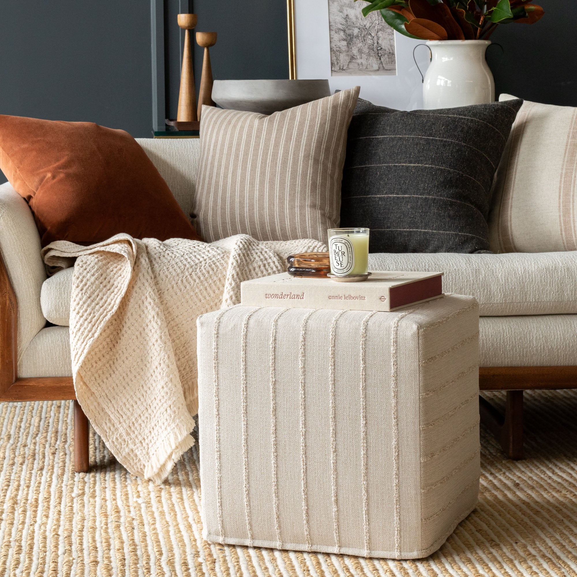 Handmade 16x16 Cube Ottoman with Raffia Weave - Stylish and Durable Footstool for Living Room, Bedroom, or Office Decor