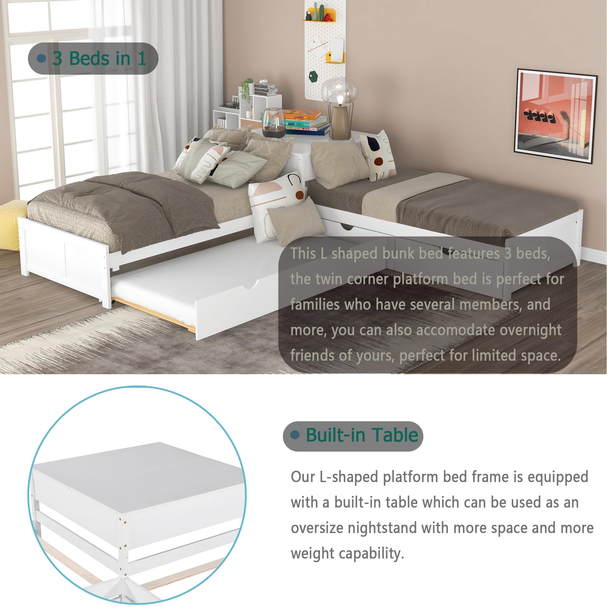 Merax Twin Size L-Shaped Storage Daybed with Trundle - Convertible Platform Bed with 2 Drawers & Built-in Desk - No Box Spring Needed - Perfect for Small Spaces, Living Room, Bedroom or Guest Room (White)