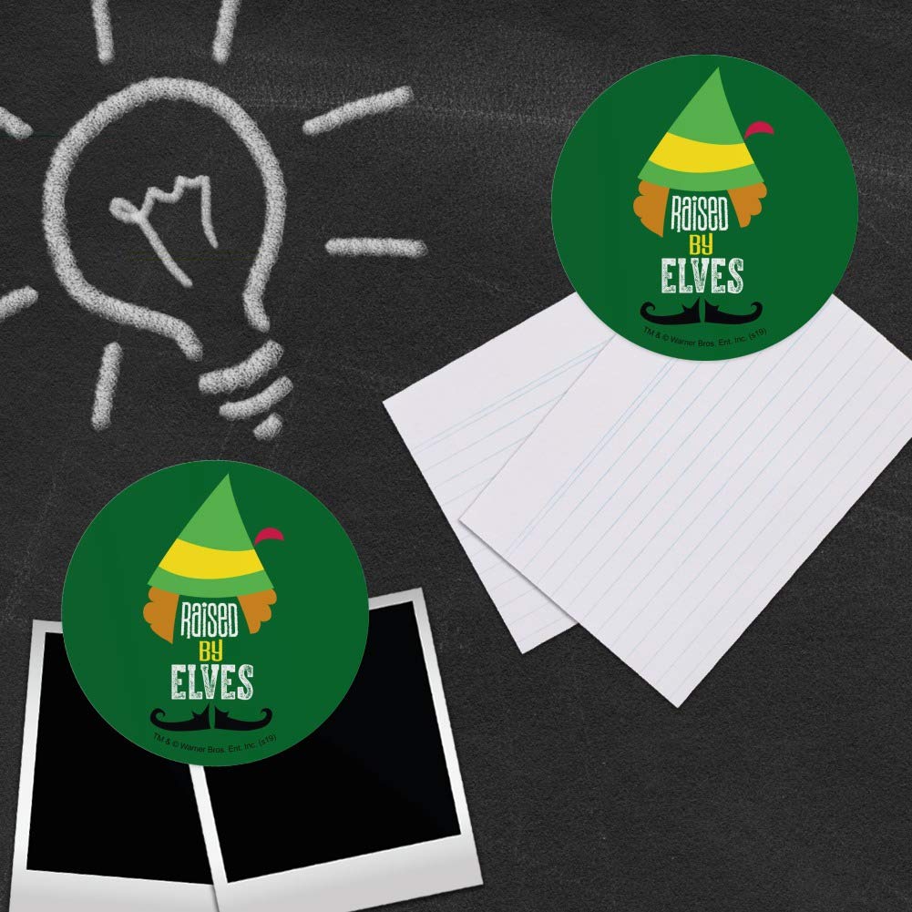 Elf Movie Inspired Raised by Elves Fridge Magnet Set - 6 Pack Vinyl Circle Magnets for Refrigerator, Locker & Whiteboard Decor - Perfect for Christmas Decorations, Office & Home Organization