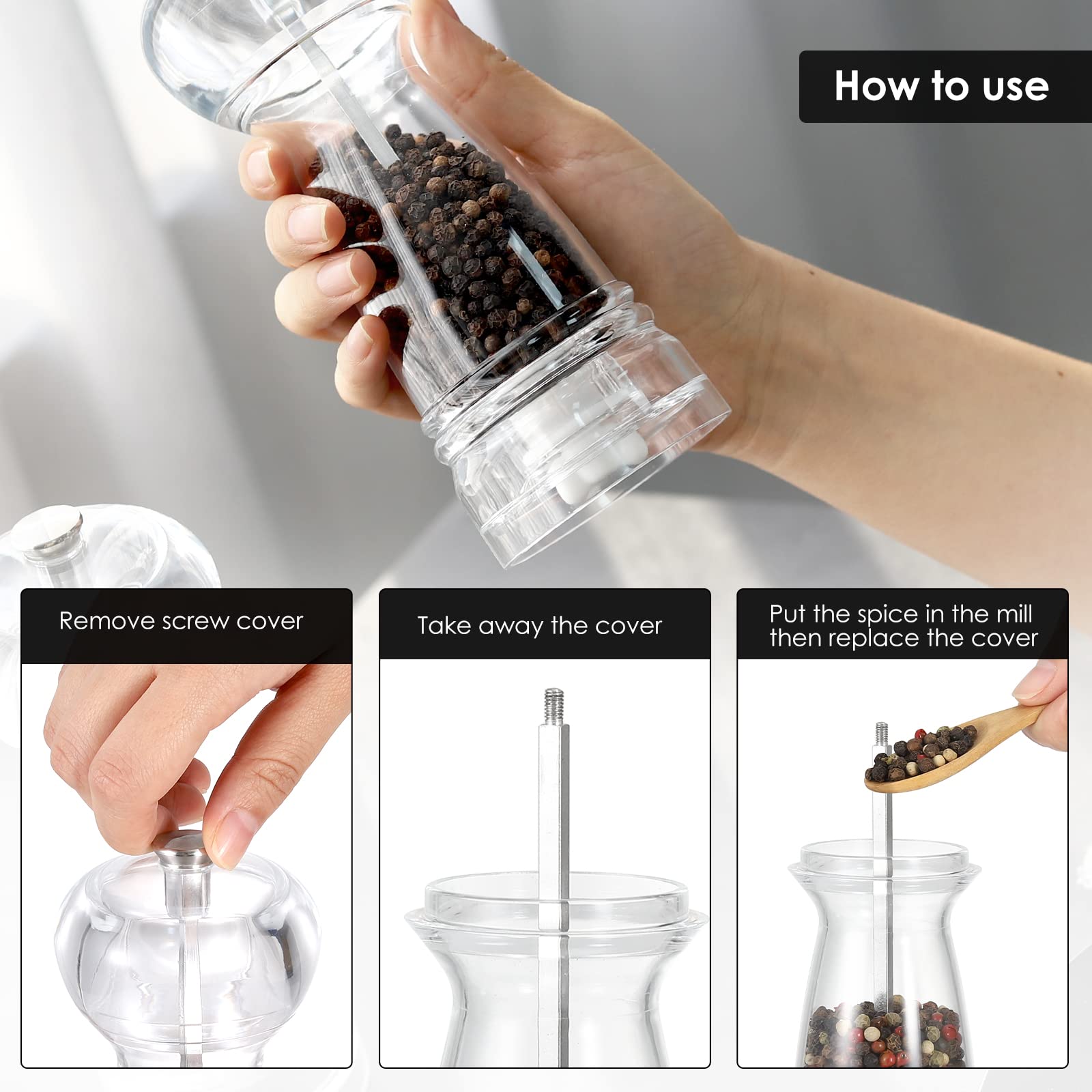 Premium Clear Acrylic Salt and Pepper Grinder Set - 2 Pack Refillable Transparent Mill with Adjustable Ceramic Grinder for Coarse to Fine Seasoning - Perfect for Kitchen, Dining Table & Outdoor BBQ