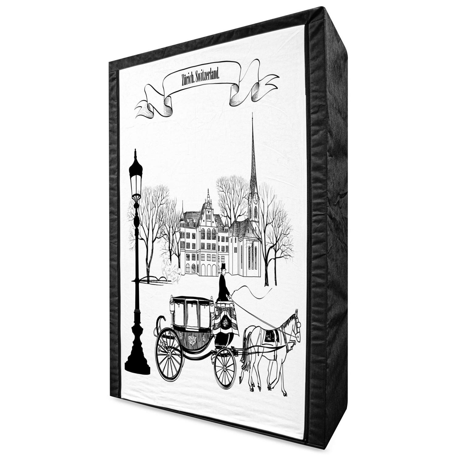 Ambesonne Vintage Sketchy Portable Fabric Wardrobe - Old Street Scene Carriage Horse Design from 1920s Northern Europe, 42.5 Inch Clothing Organizer with Shelves, Black & White - Perfect for Bedroom, Closet, Dorm or Apartment Storage Solution