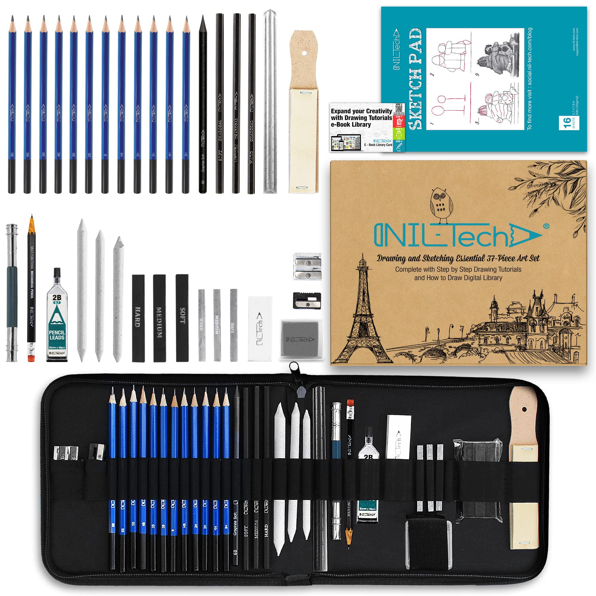 Graphite Drawing Pencils & Sketching Kit - 37-Piece Art Set with Tan Sketchbook for Artists & Beginners