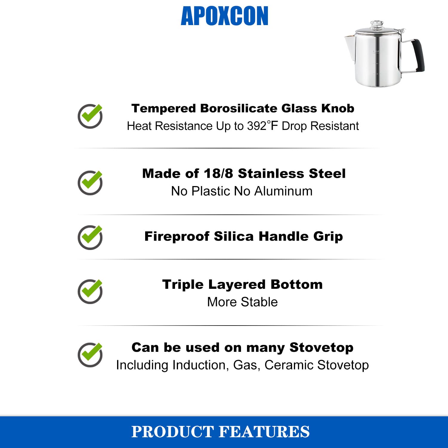 Premium Stainless Steel Stove Top Percolator Coffee Maker - 6 Cup Camping Coffee Pot with Borosilicate Glass Knob & Heat-Resistant Handle for Campfire, Induction Cooker & Home Use - Durable Multi-Use Coffee Brewer for Outdoor Adventures & Daily Brewing