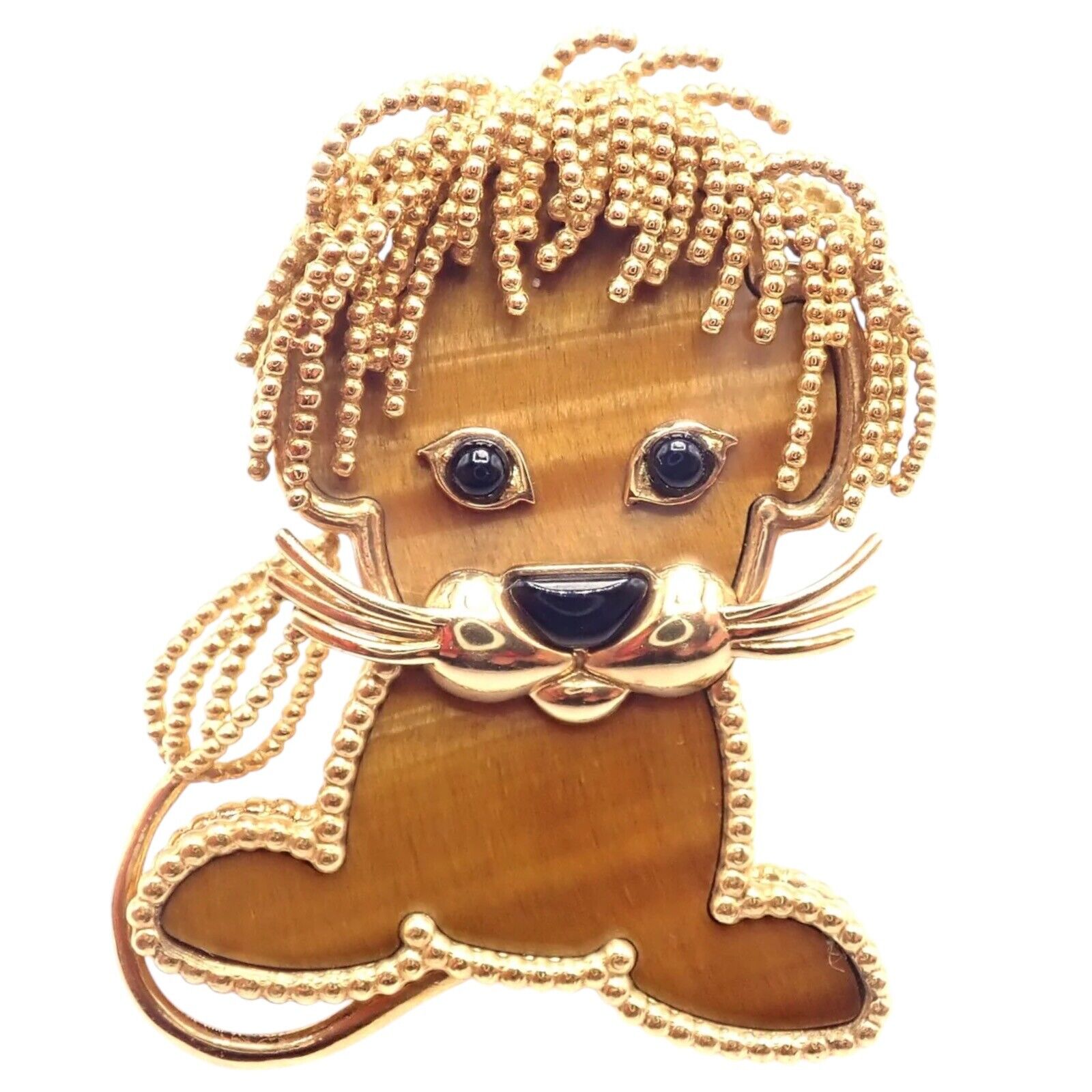Van Cleef & Arpels 18k Yellow Gold Onyx Tiger Eye Lucky Animals Lion Clip Brooch - Luxury Jewelry for Women, Elegant Gift for Special Occasions, Perfect for Parties and Formal Events