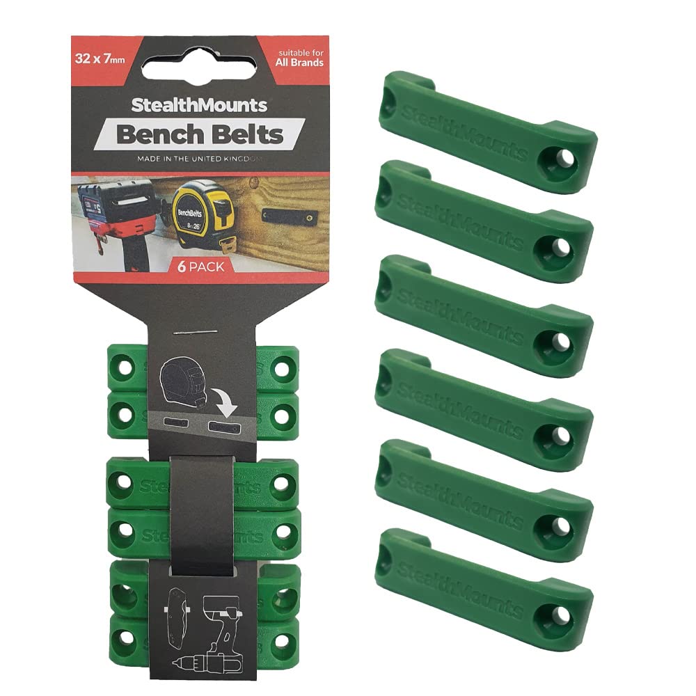 StealthMounts Universal Tool Holder Belt - 6 Pack Heavy Duty Bench Belt Holster Set for Power Tools, Tape Measures & Accessories | Workshop, Construction & DIY Tool Storage Solution (Green)