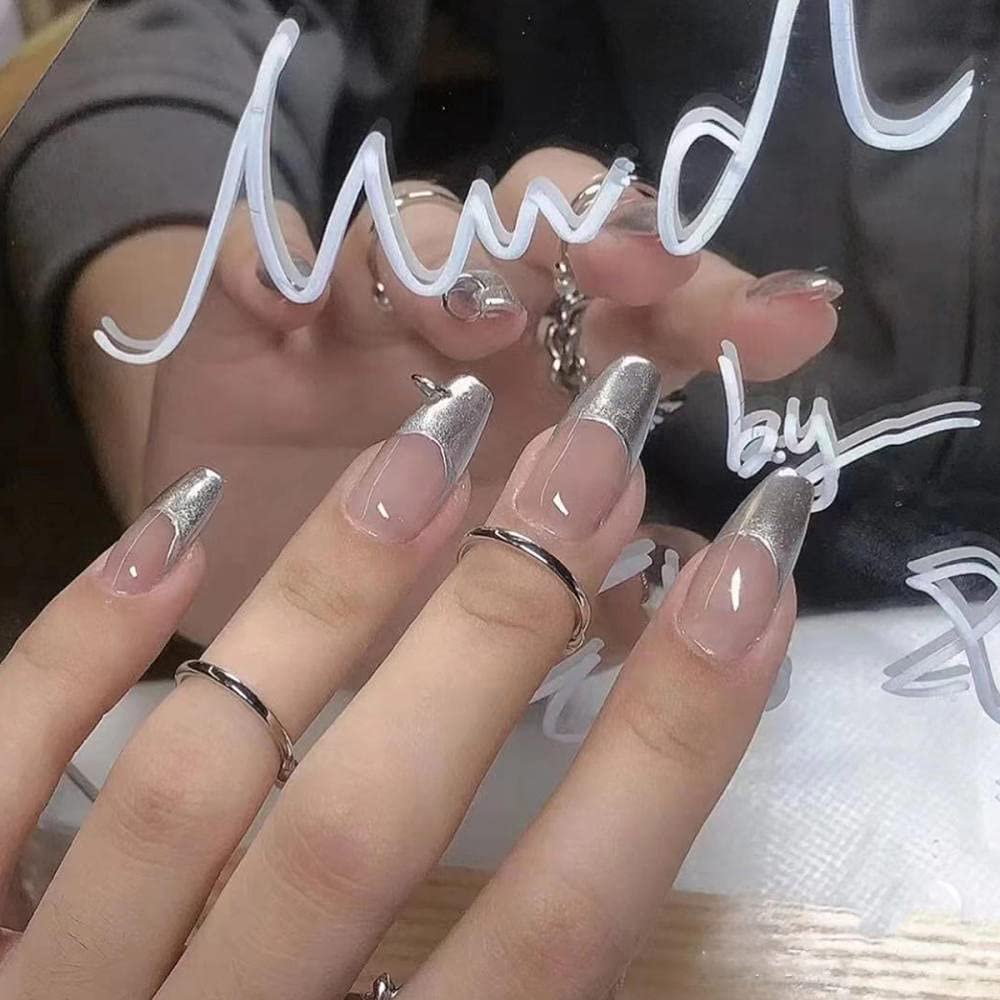 24pcs False Nails - Mirror Silver French Short Ballet Fake Nails, Full Cover Press On Nails for DIY Manicure & Nail Art | Perfect for Parties, Weddings, and Everyday Wear