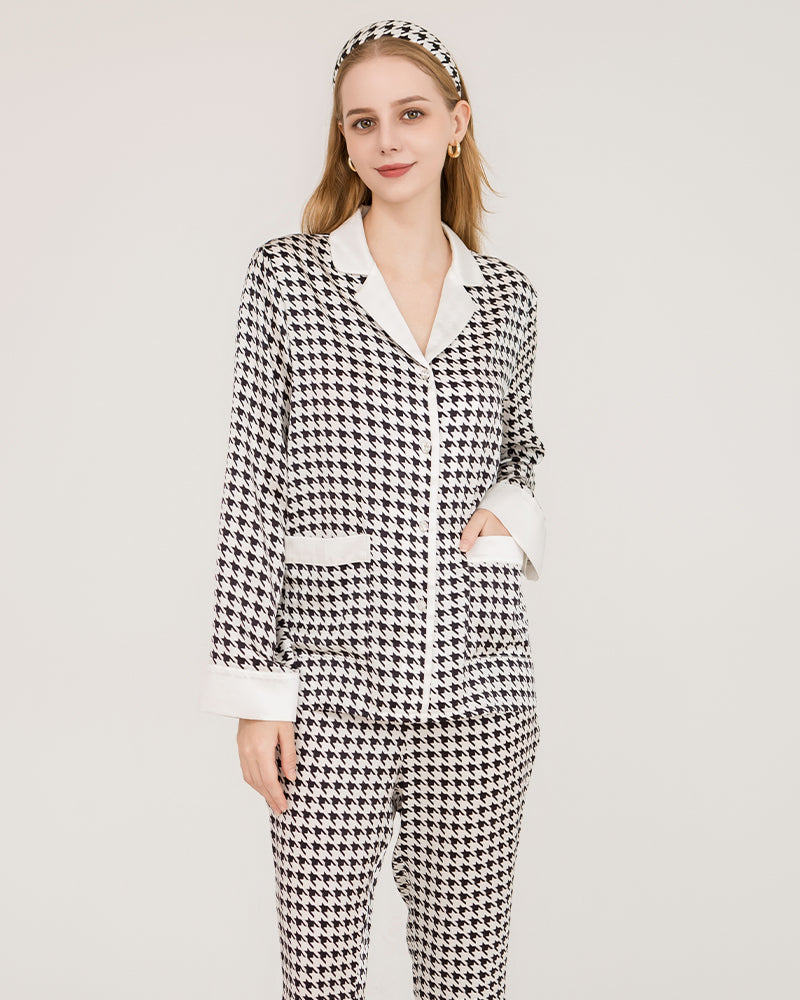 Luxury Houndstooth Silk Pajamas with Swarovski Crystal Buttons - Women's Elegant Sleepwear Set for Gifts & Special Occasions