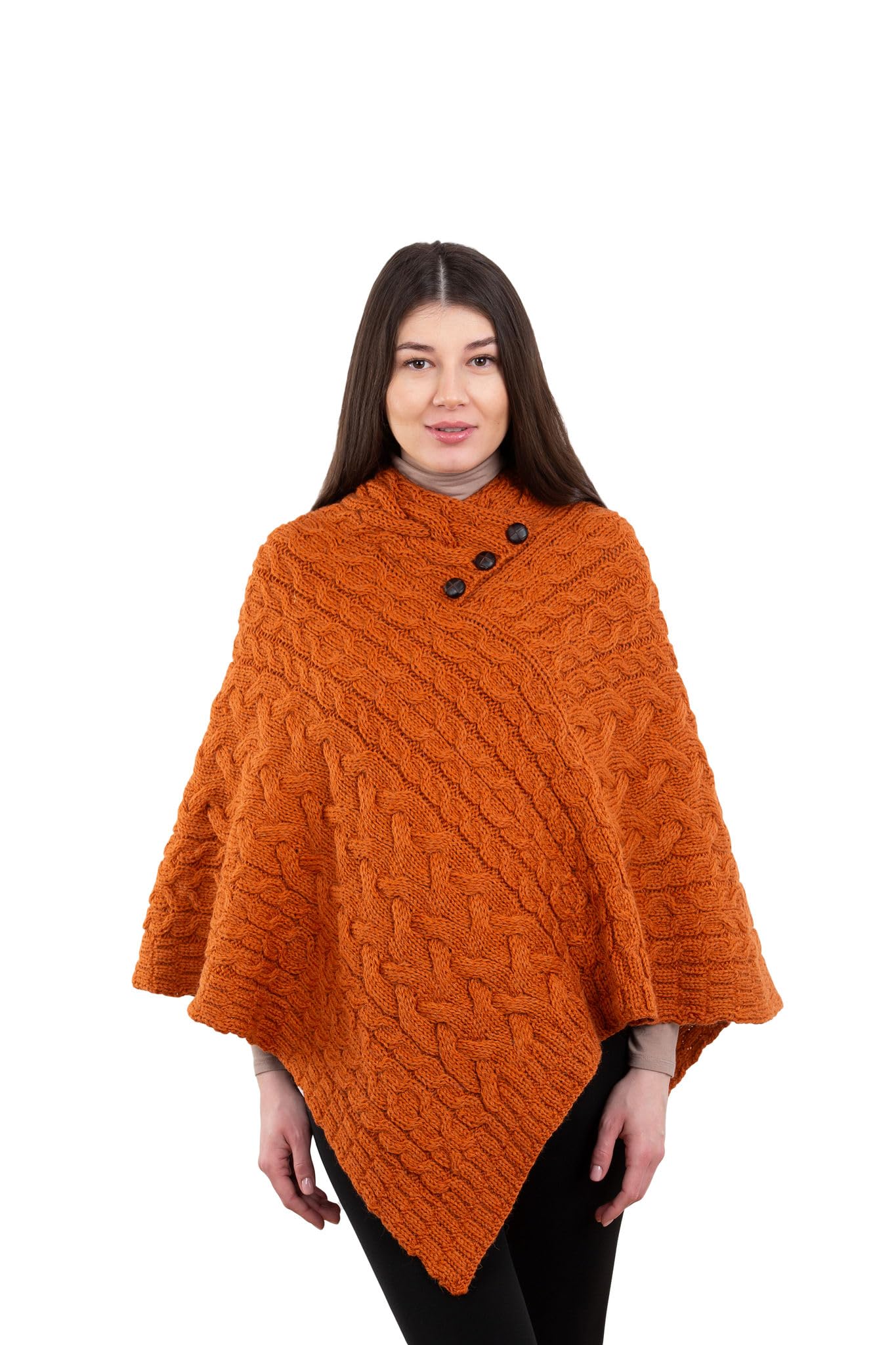 Women's Irish Aran Poncho - 100% Virgin Wool Cable Knit Wrap with Buttons | Warm Winter Cape Shawl for Women | Perfect for Fall, Winter & Holiday Outfits