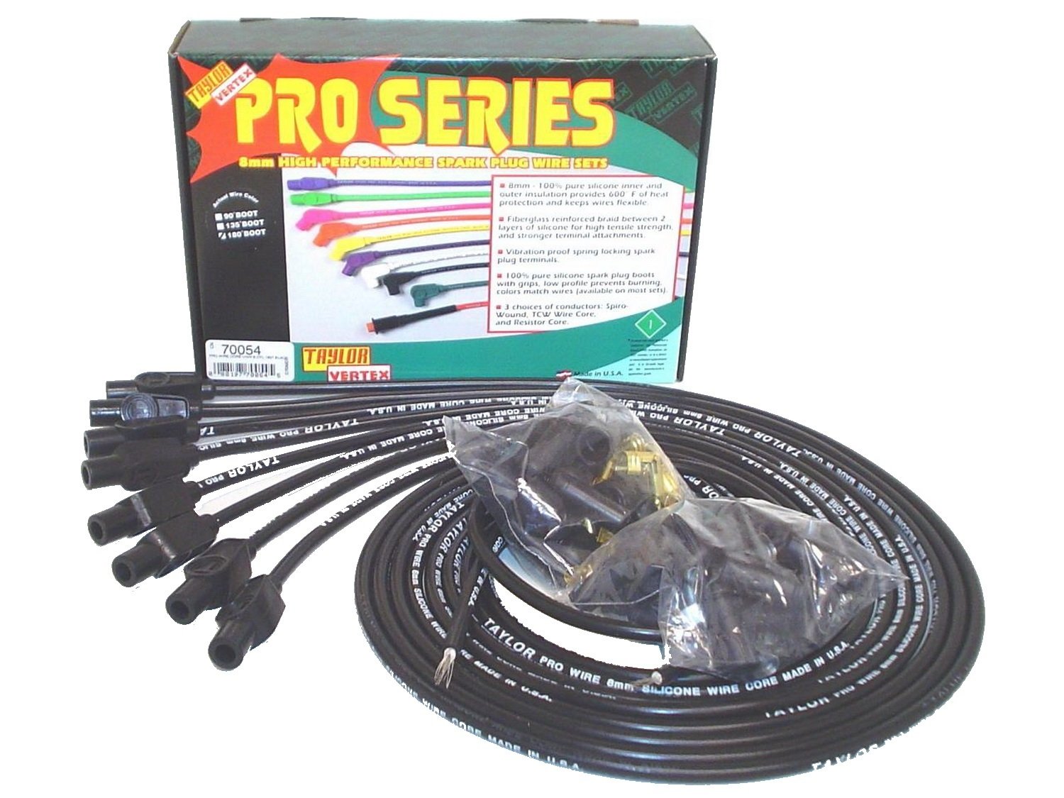 Taylor Cable 70054 8mm Pro Wire Black Spark Plug Wire Set - High Performance Ignition Wires for Cars, Trucks & SUVs - Perfect for Engine Upgrades & Tuning