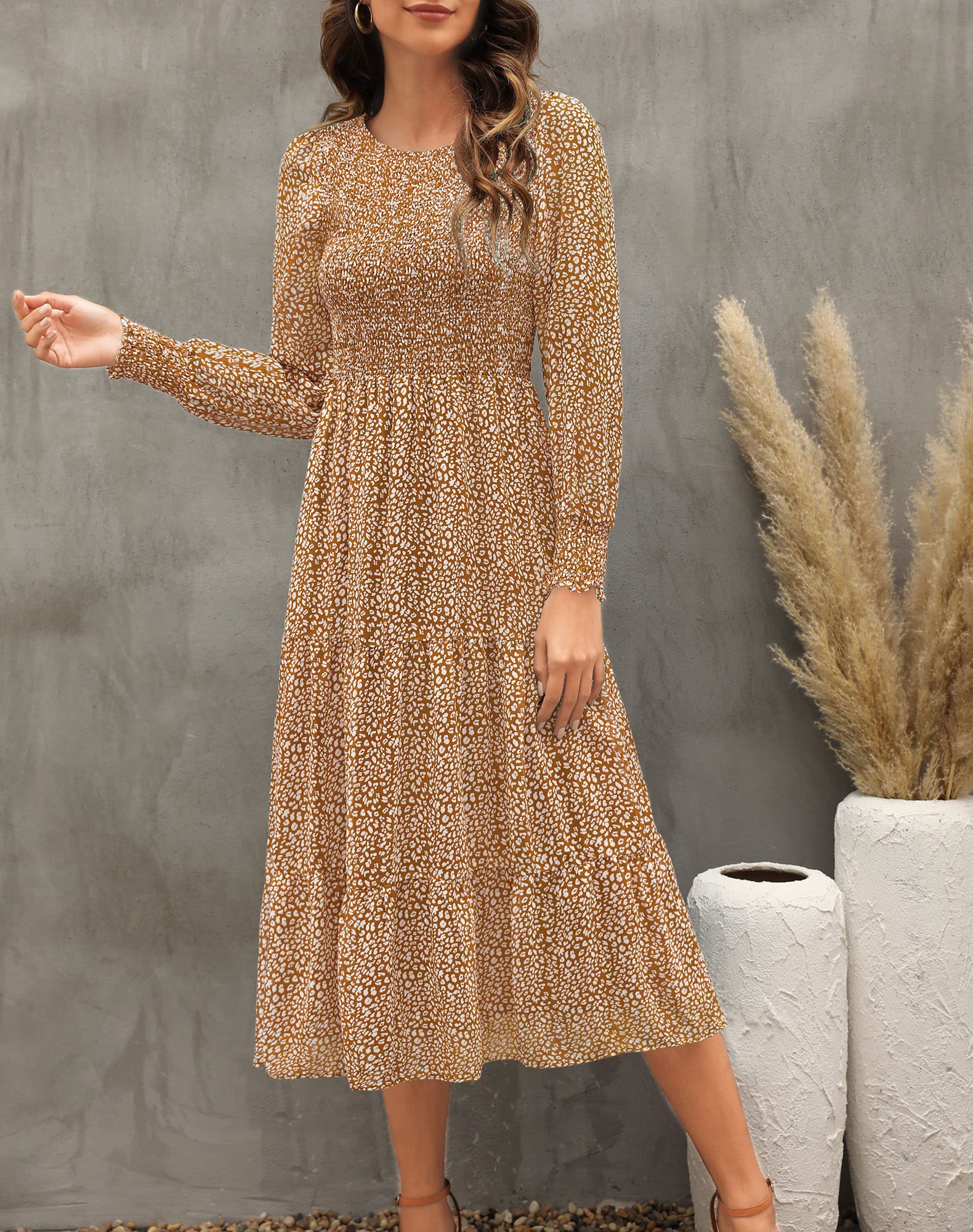 Zattcas Women's Fall Dresses 2025 - Long Sleeve Boho Floral Midi Dress with Smocked Waist & Pockets | Casual Wedding Guest Outfit for Autumn Parties, Date Nights & Special Occasions
