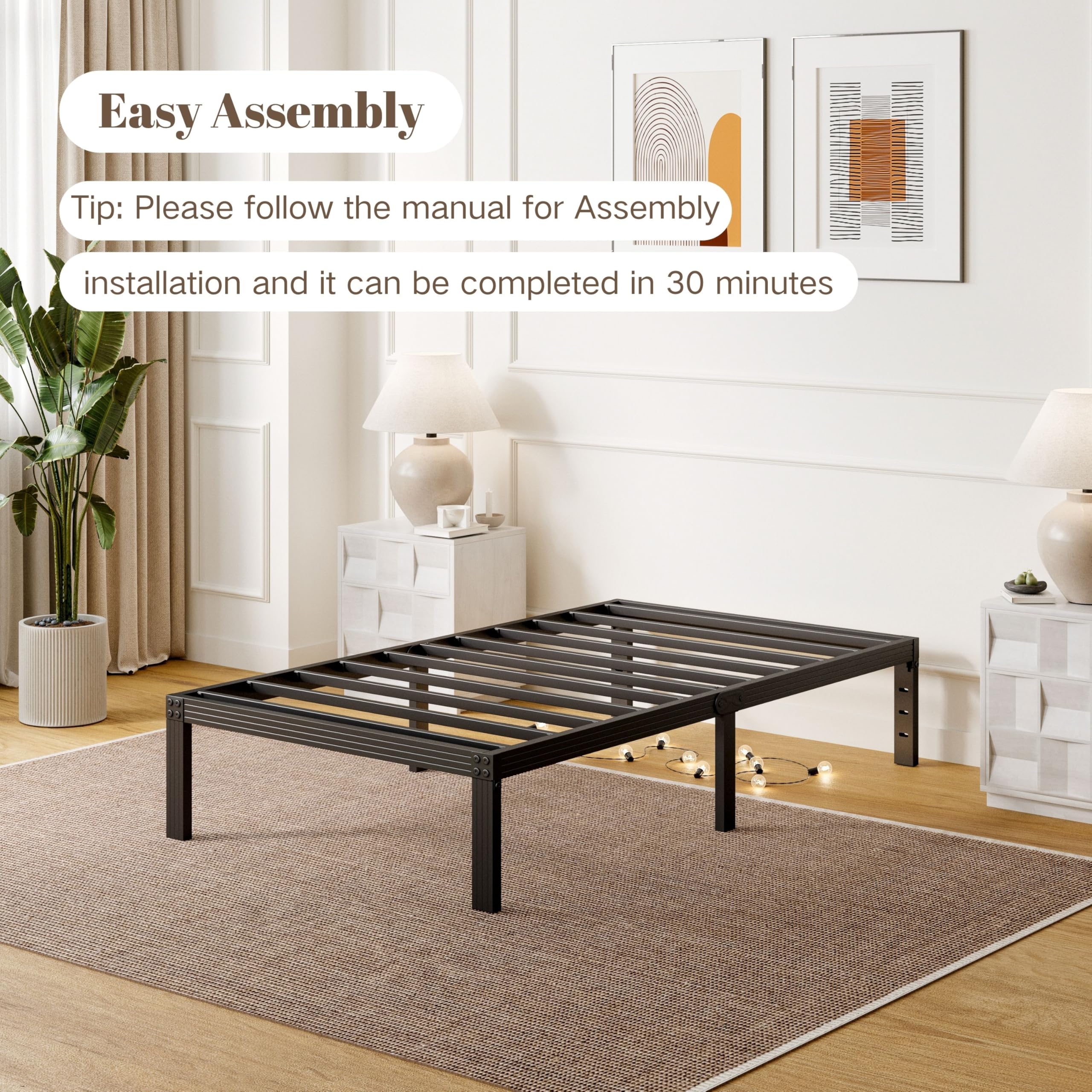 ZIYOO Twin XL Bed Frame - 12 Inch Heavy Duty Platform Bed with 2000lbs Steel Slats | No Box Spring Needed, Non-Slip Design, Easy Assembly & Noise-Free | Ideal for Dorms, Guest Rooms & Small Spaces with Under Bed Storage | Black