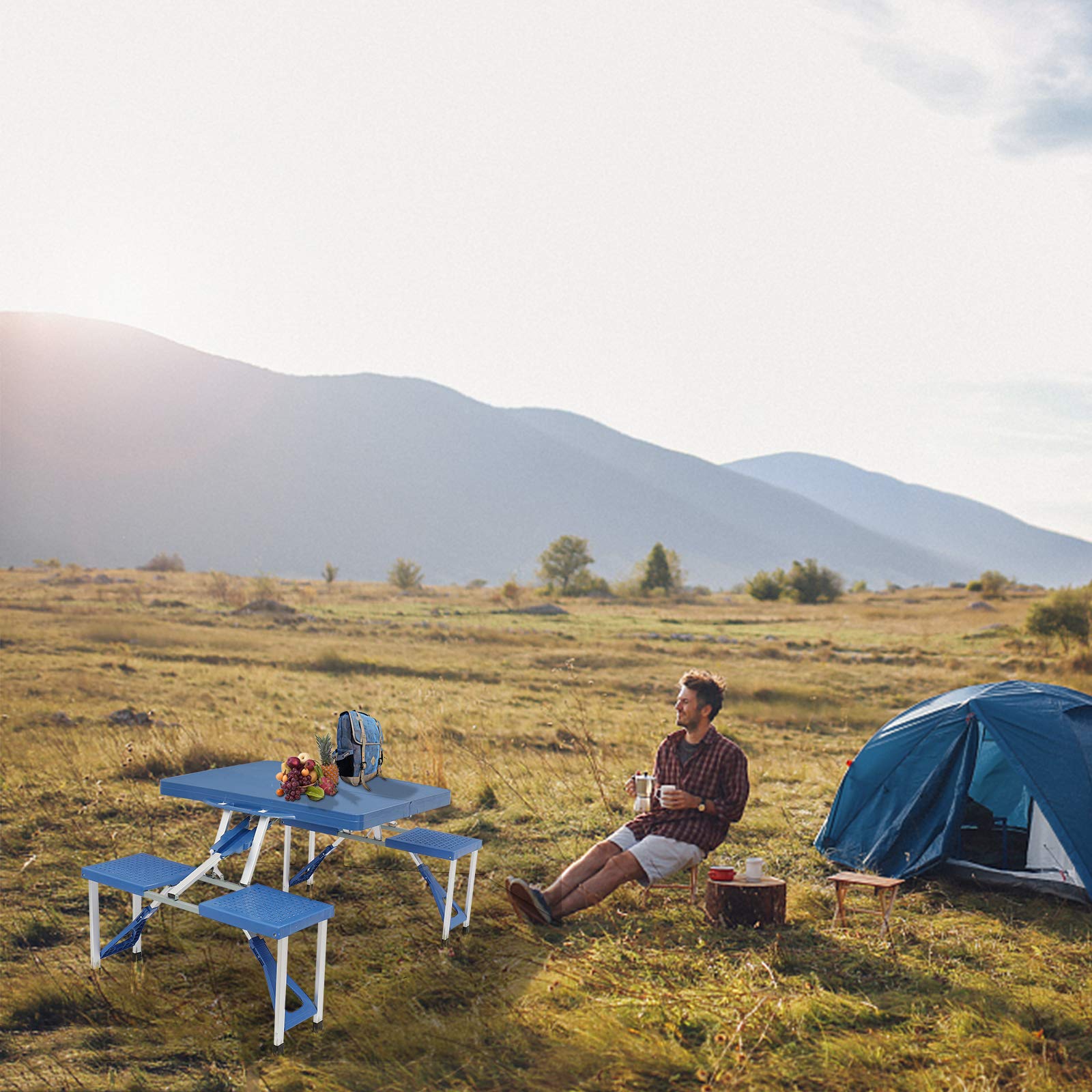 Portable Folding Picnic Table with 4 Seats - Lightweight Camping Table for Outdoor Travel, Beach, Backyard & Patio - Includes Umbrella Hole & Carry Handle (Blue) - Perfect for Camping, Picnics, BBQs & Tailgating