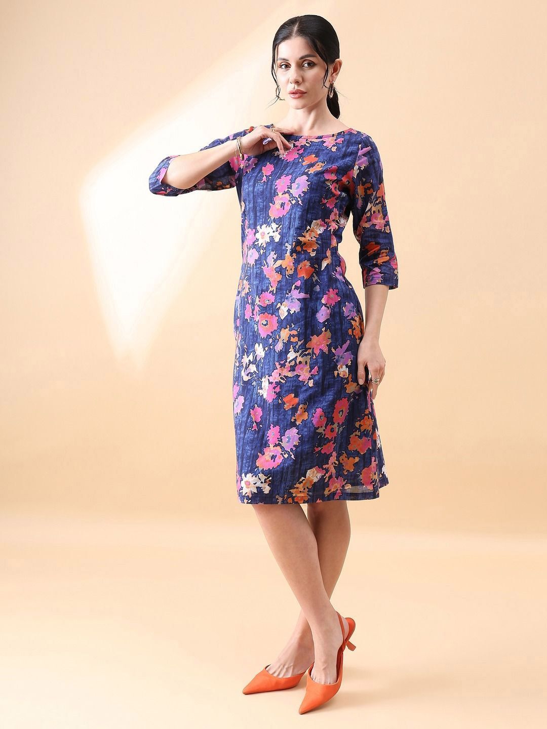 Floral Printed A-Line Cotton Dress in Navy & Orange - Perfect for Casual Outings, Summer Parties, and Beach Vacations