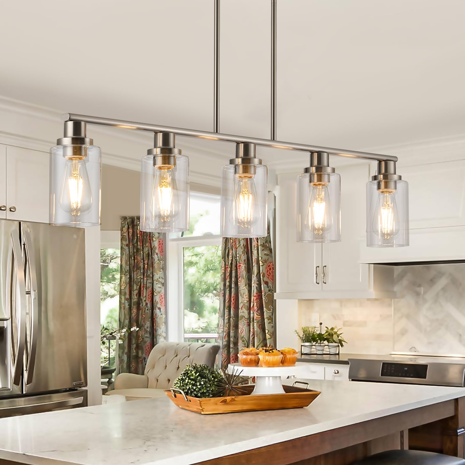 5-Light Farmhouse Pendant Lighting - Brushed Nickel Linear Chandelier with Clear Glass Shades - Rustic Industrial Kitchen Island Lighting for Dining Room & Table - Perfect for Farmhouse, Industrial & Modern Home Decor