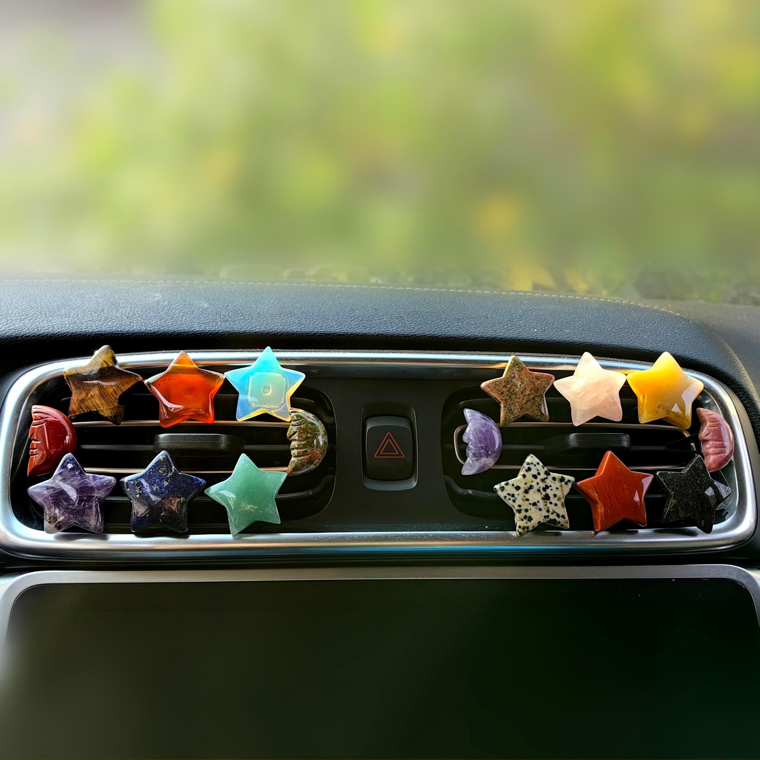 Natural Quartz Crystal Car Vent Clips - Star & Moon Shape Car Air Freshener Decor with Obsidian Charm | Feng Shui Car Accessories for Good Luck & Positive Energy | Perfect Car Gift for Women, Men, Friends & Family