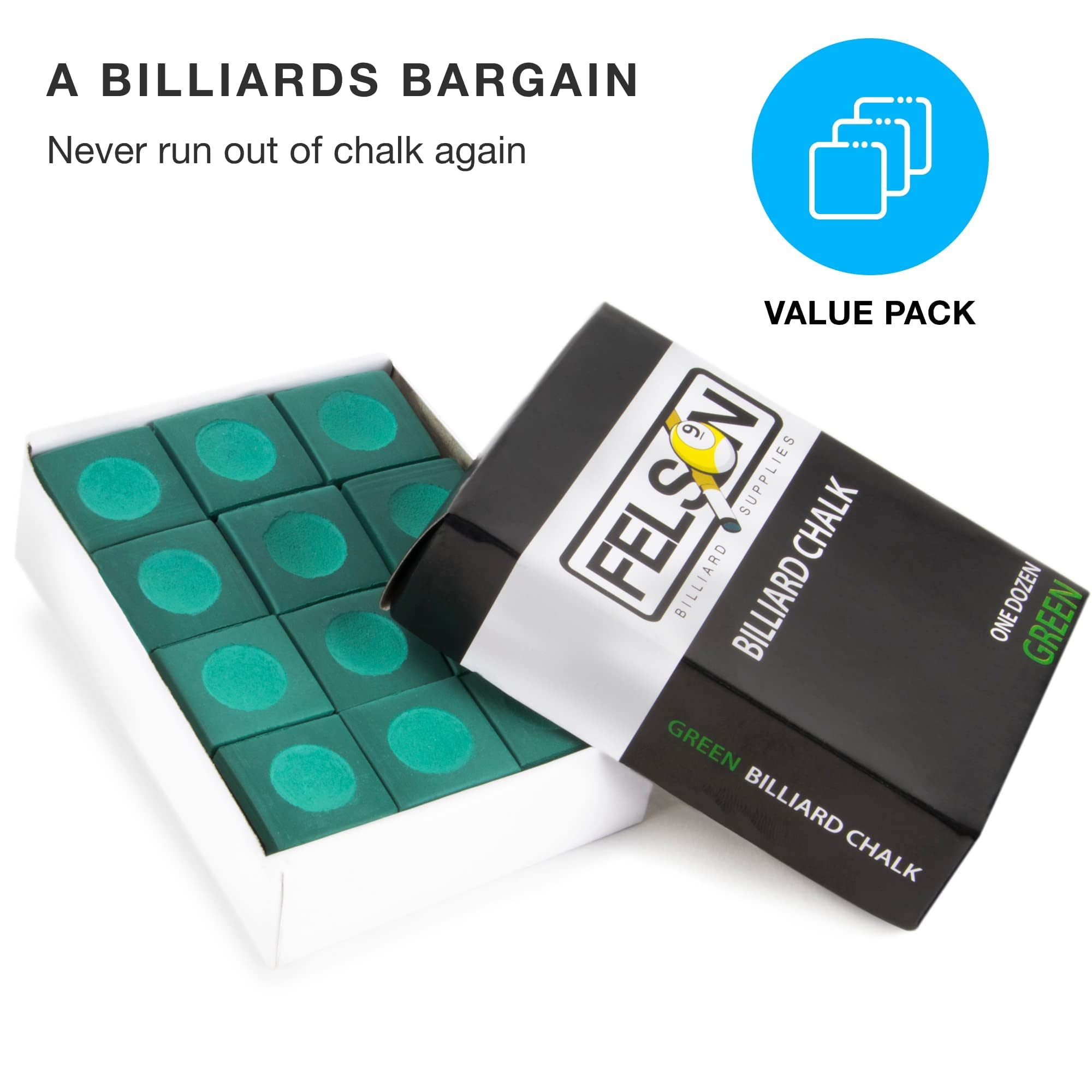 Premium Felson Pool Chalk Cubes for Billiards - 12 Pack Blue Chalk Cubes with Durable Storage Box | Essential Pool Table Accessories for Professional & Home Game Rooms | Perfect for Tournament Play & Casual Bar Games